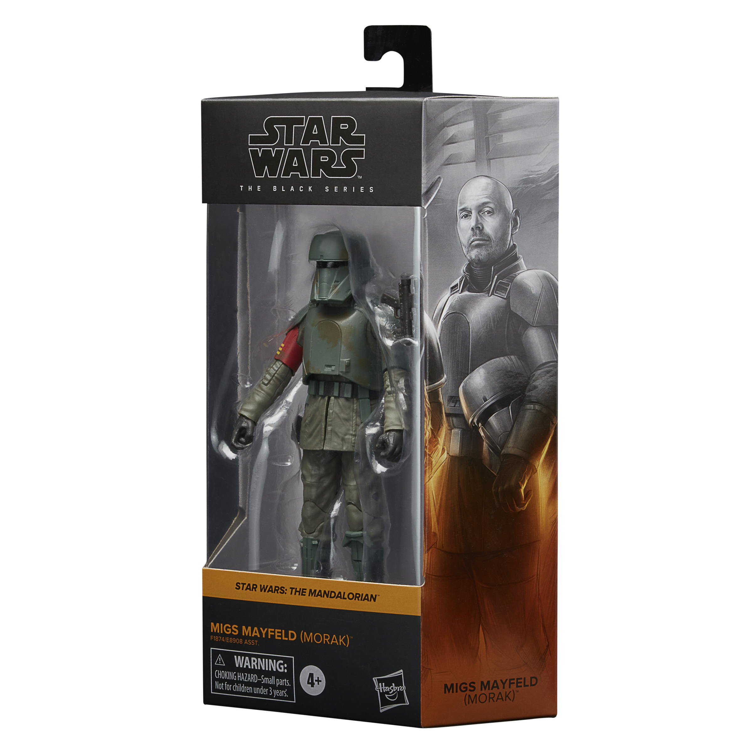 Action figure di Star Wars in confezione. Il Mandaloriano Migs Mayfield, in una scatola, sfondo bianco.