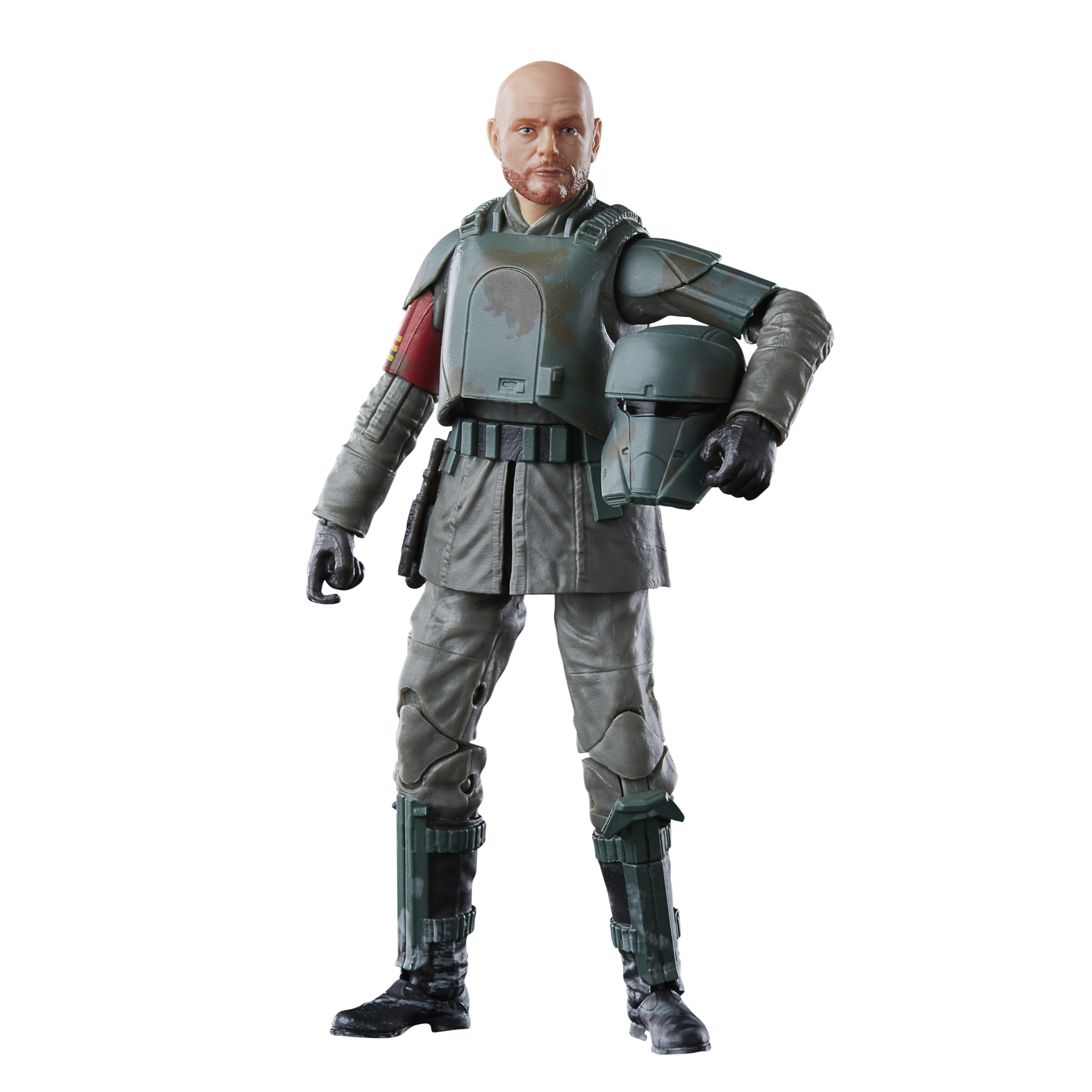 Una action figure di Star Wars. È un uomo calvo in giacca verde che tiene un elmetto.