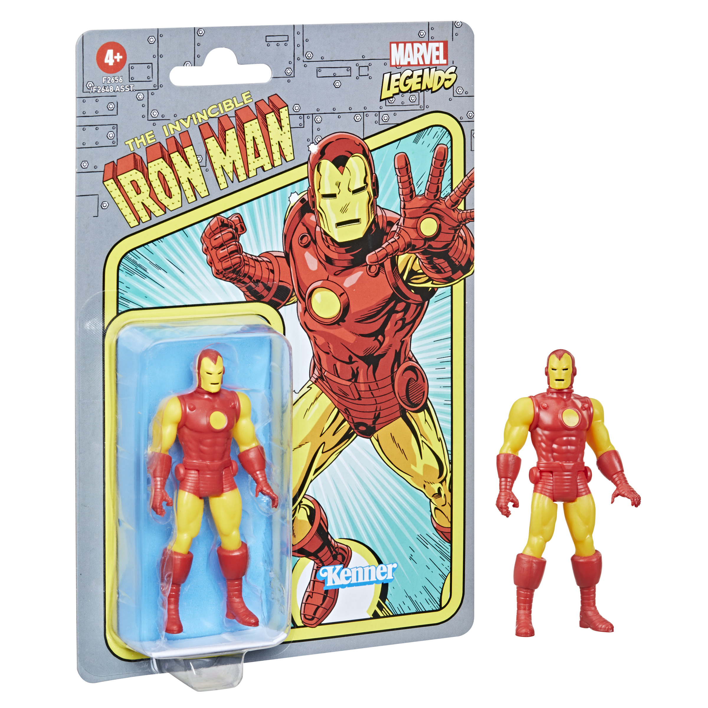 Figurka akcji Marvel Legends Iron Man w oryginalnym opakowaniu, obok luźnej figurki.