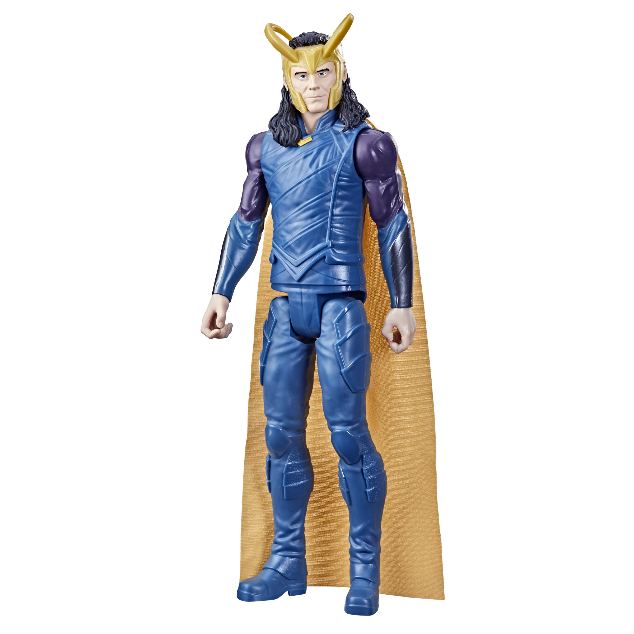 Action figure di Loki con corna d'oro e mantello dorato.