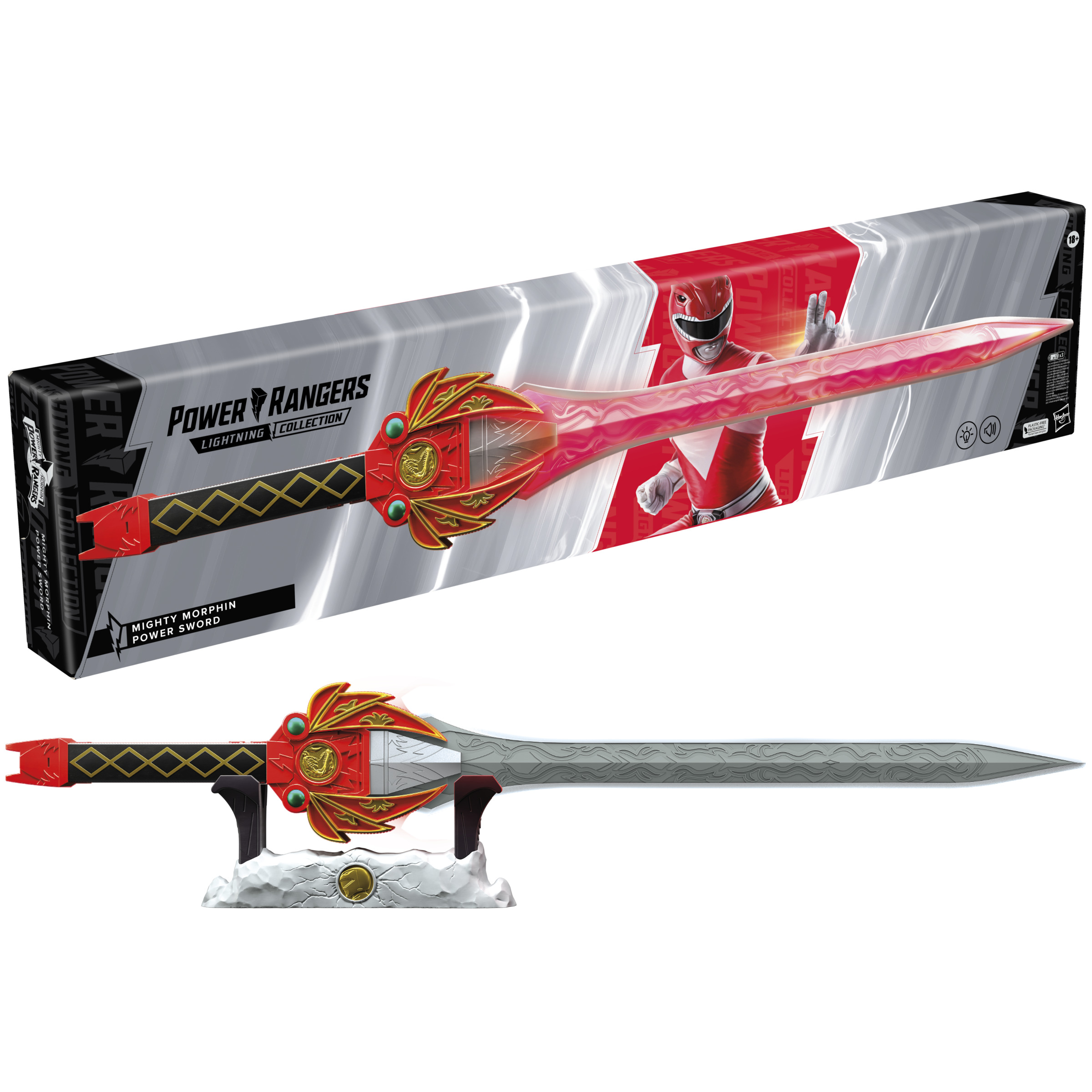 Espada de juguete Power Rangers con hoja roja y detalles dorados, en una caja con un Power Ranger rojo.
