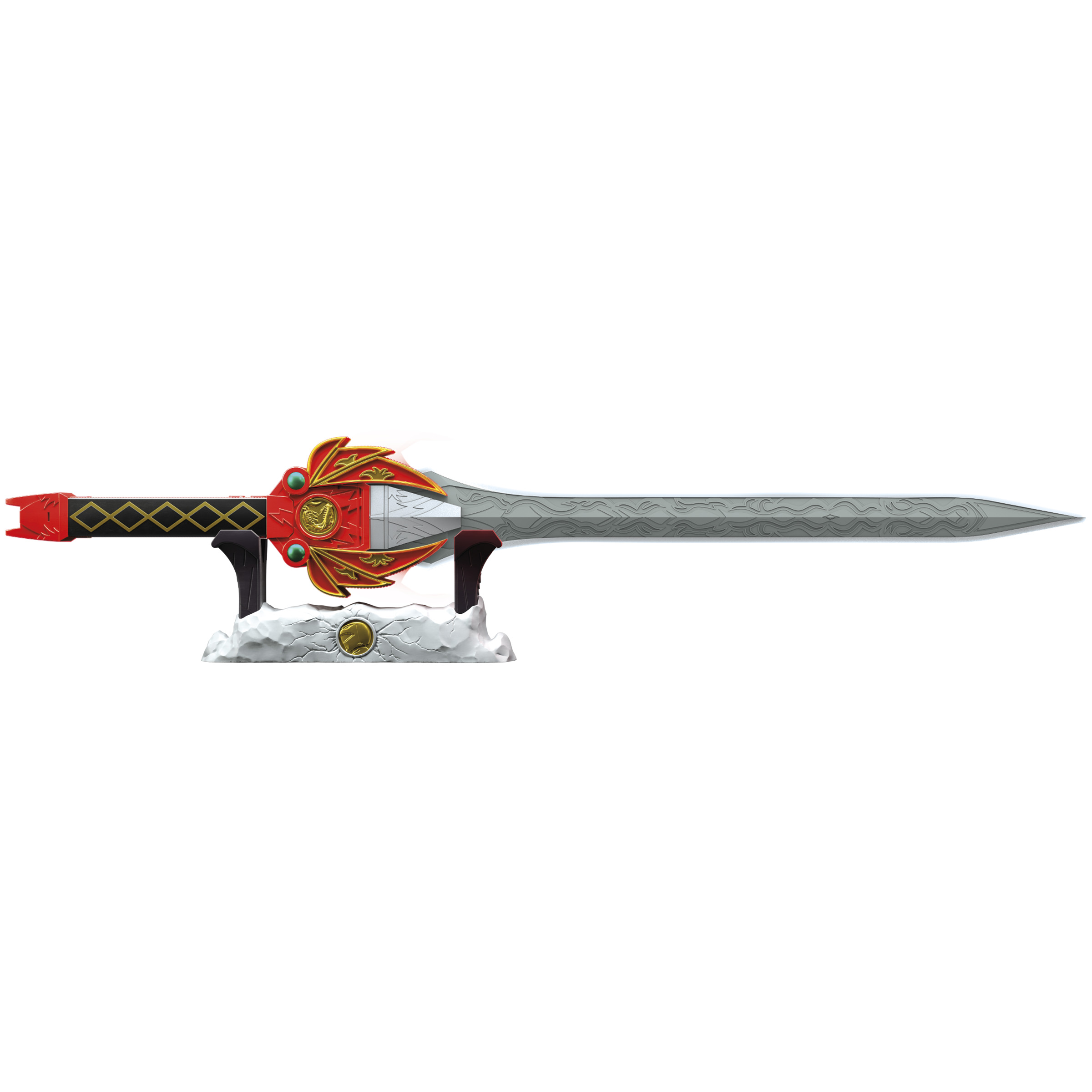 Una espada de Power Rangers en un soporte blanco. La hoja es plateada y el mango rojo y negro.