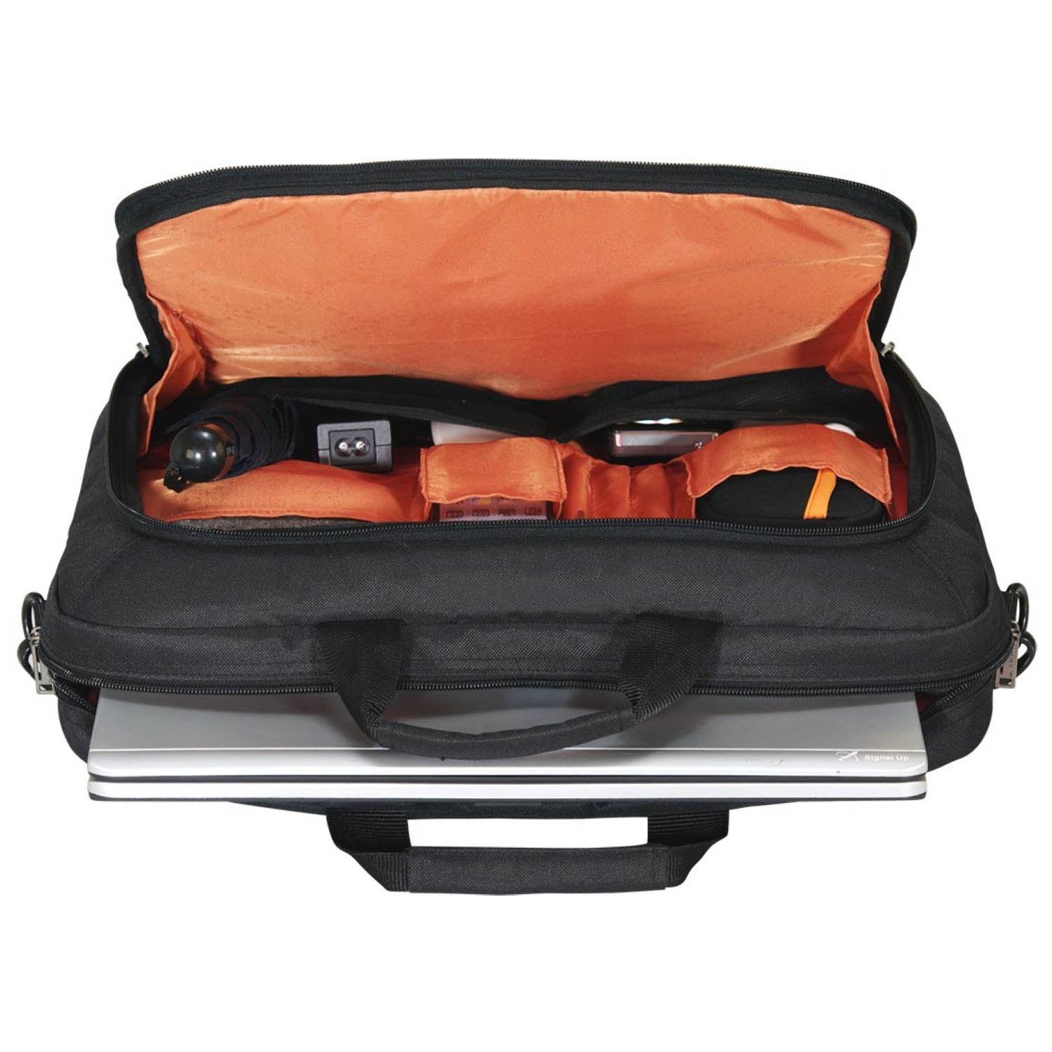 Borsa per laptop nera aperta con interno arancione. All'interno, un laptop, un ombrello e altri oggetti sono visibili.