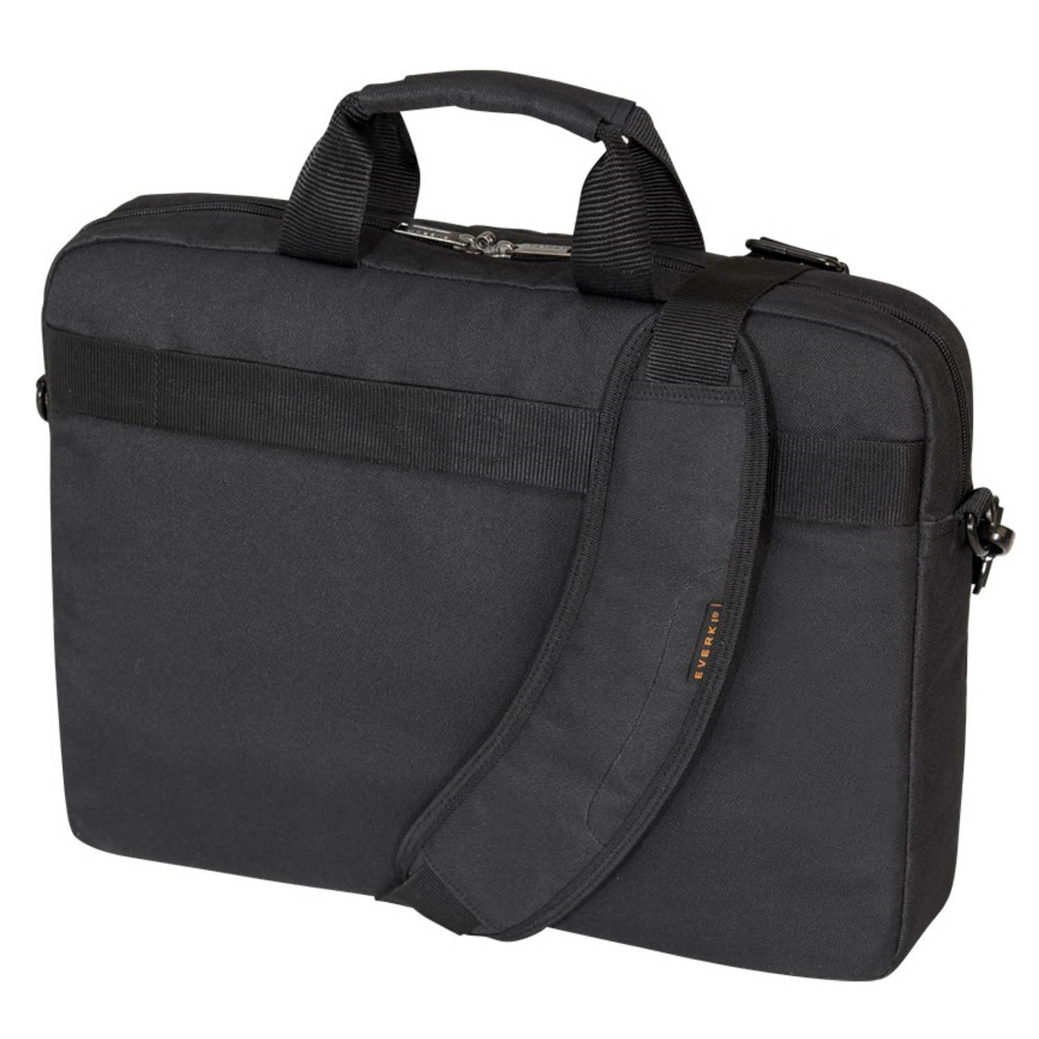Borsa per laptop nera con tracolla. È su sfondo bianco.