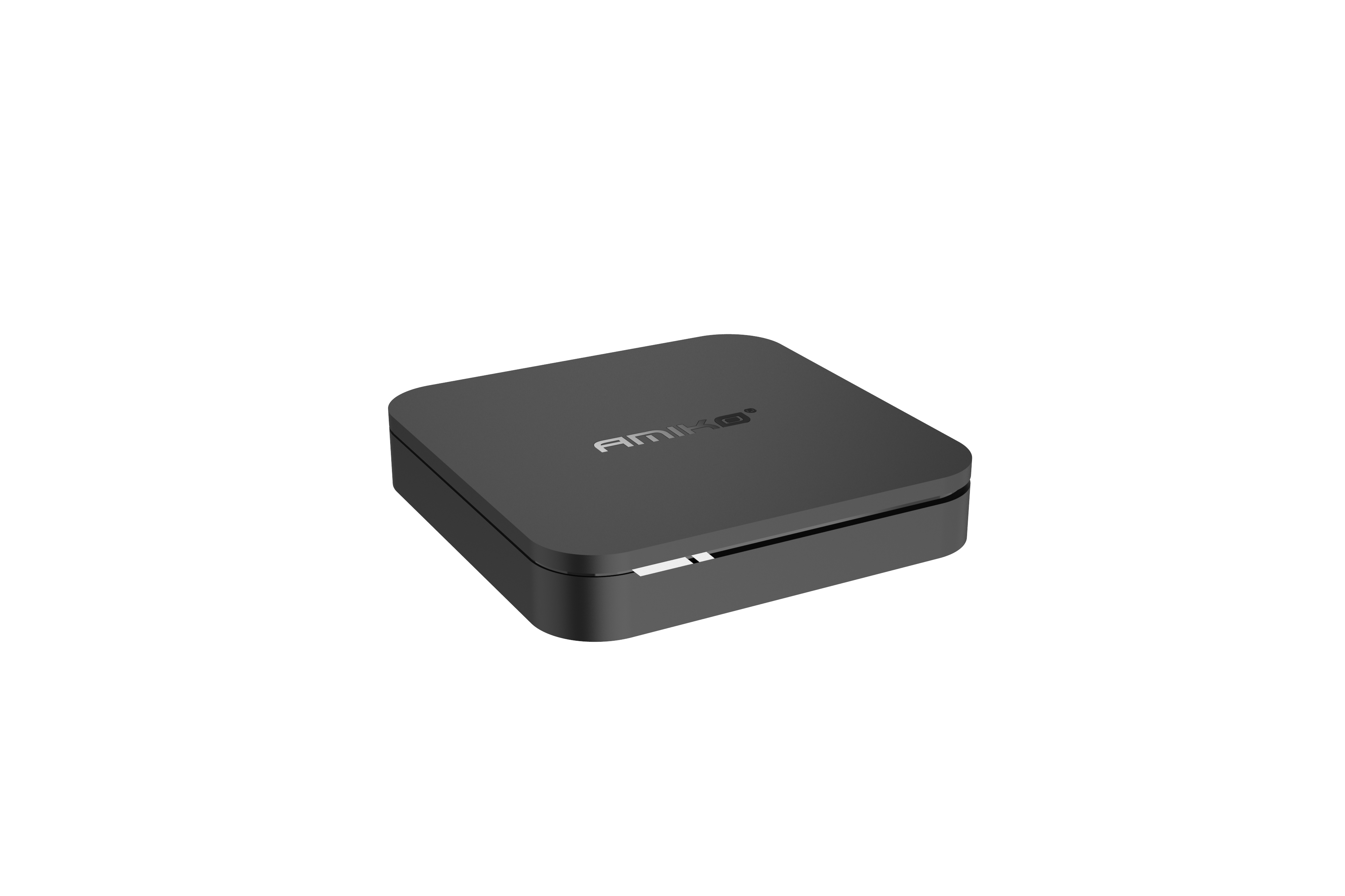 Eine schwarze, quadratische Amiko Set-Top-Box auf schwarzem Hintergrund, die die Oberseite zeigt.