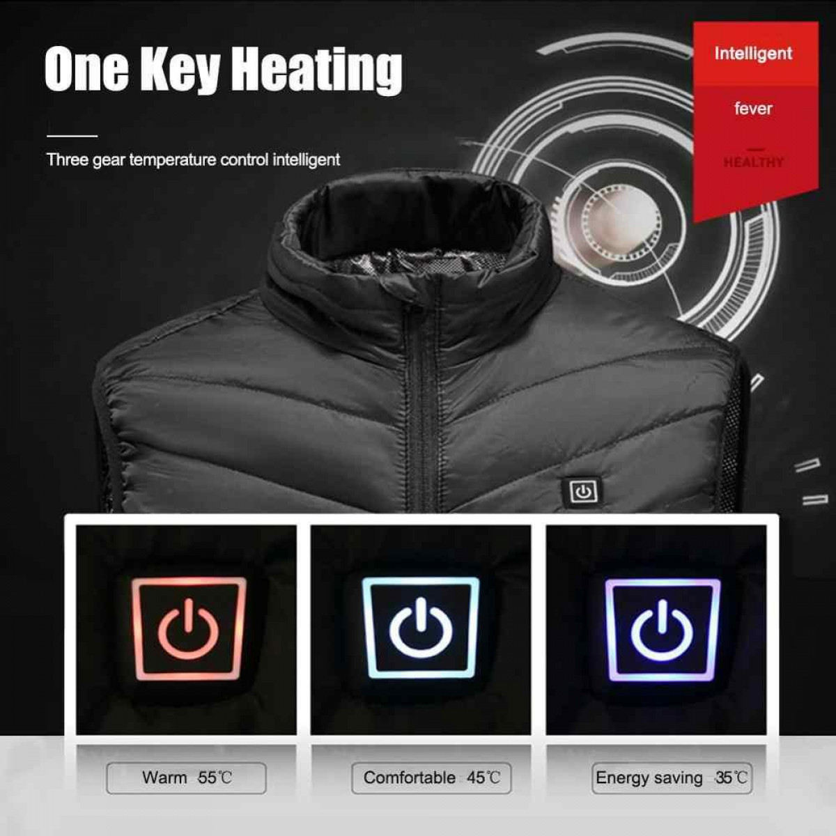 Schwarze beheizbare Weste mit Leistungsoptionen. Knöpfe zeigen warm, komfortabel und Energiesparen.