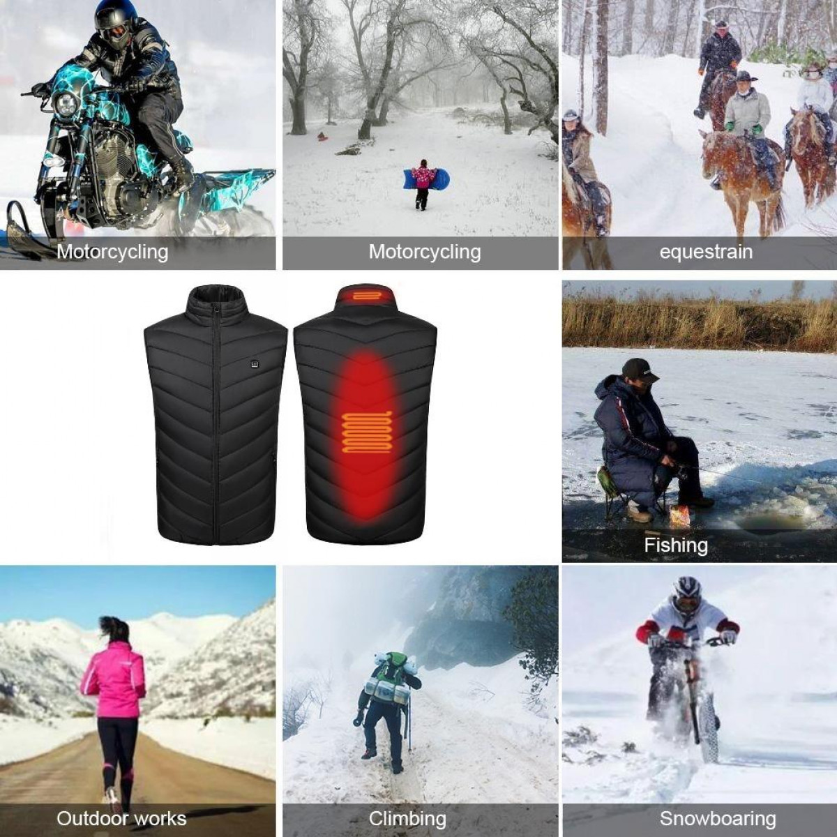 A collage of winter activities like snowmobiling, horseback riding, and ice fishing. Snow-covered scenes.