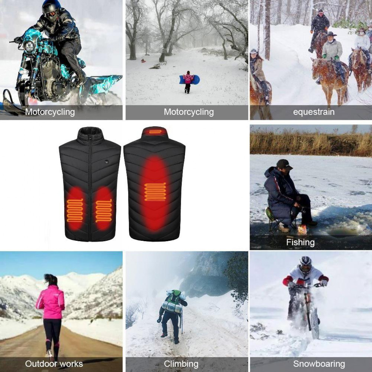 Collage von Winteraktivitäten: Schneemobilfahren, Reiten, Angeln und mehr.