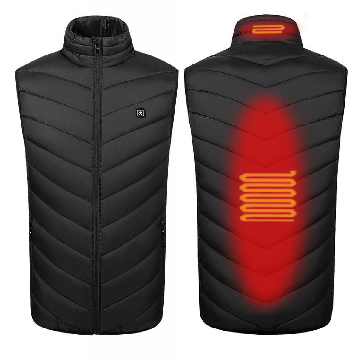 A black heated vest. The front is solid black, and the back shows red heating elements.