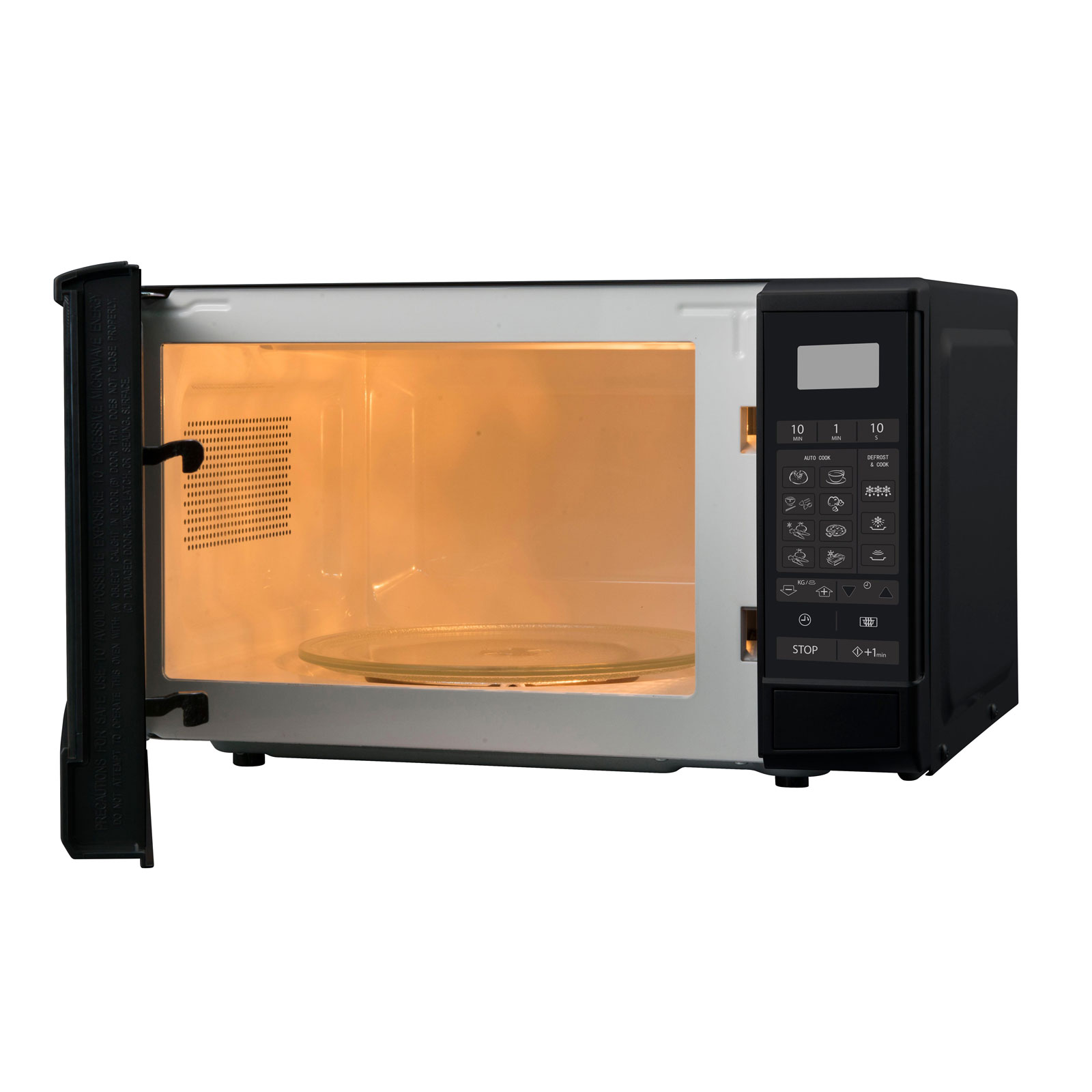 Czarna kuchenka mikrofalowa z otwartymi drzwiami, ukazująca szklany talerz. Wnętrze jest oświetlone.