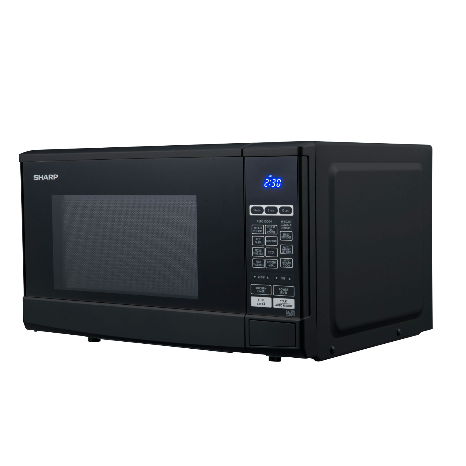 Czarna kuchenka mikrofalowa Sharp z panelem sterowania i wyświetlaczem cyfrowym, na białym tle.