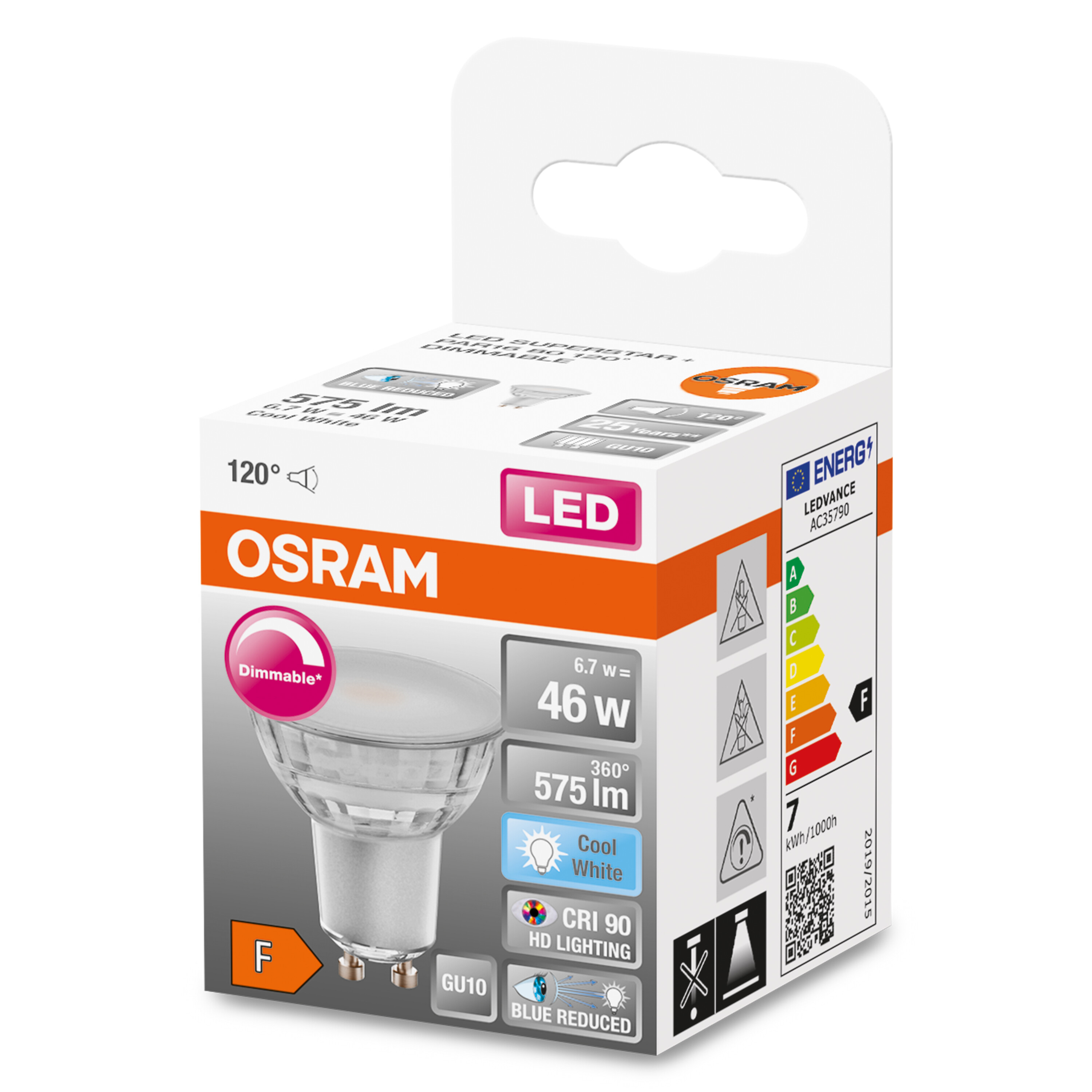 OSRAM LED-Lampe in einer Schachtel. Die Schachtel ist weiß und orange mit Produktdetails und einer Glühbirne.