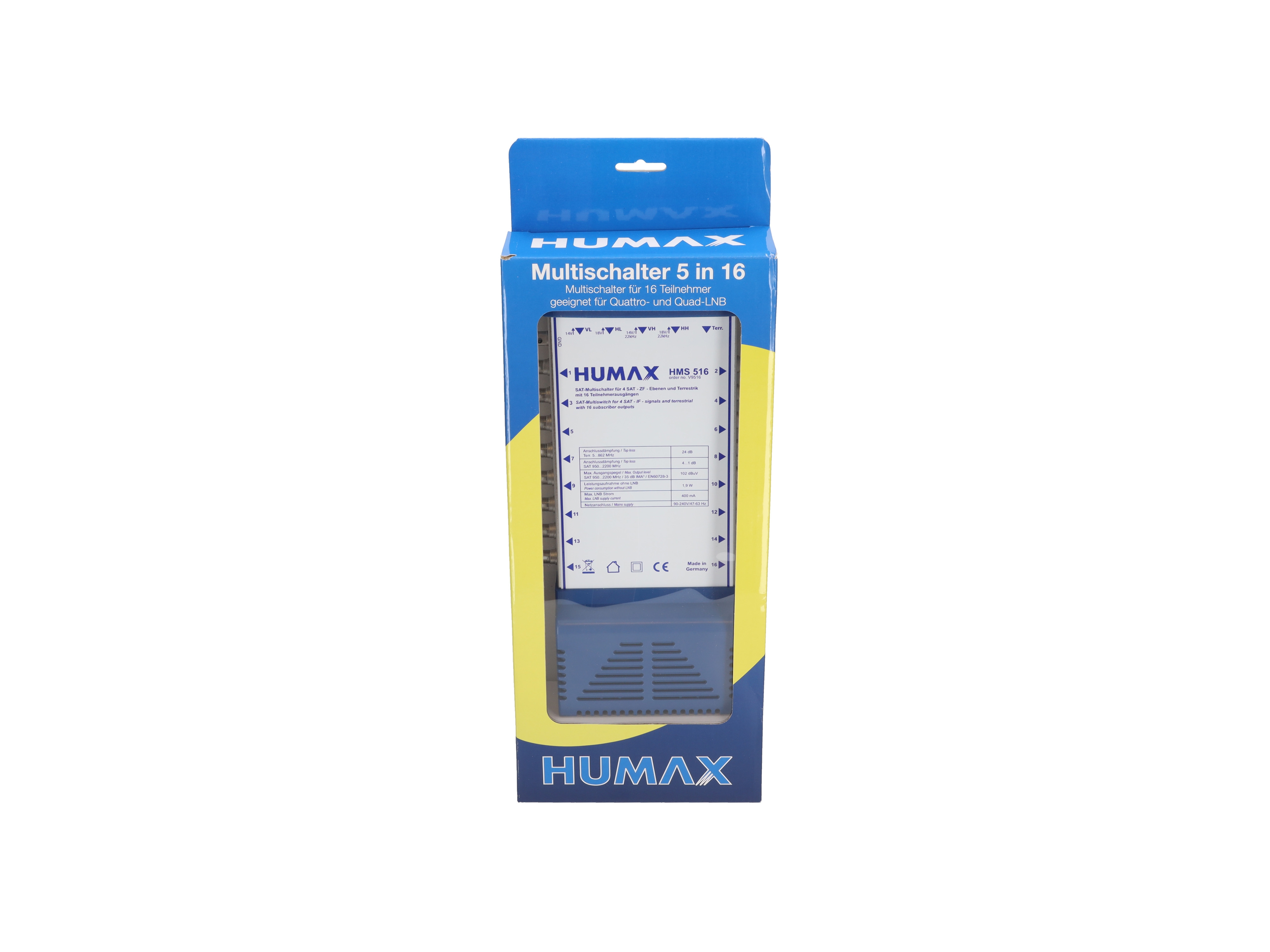 Blaue Humax Multiswitch-Box mit Text und Produktdetails.
