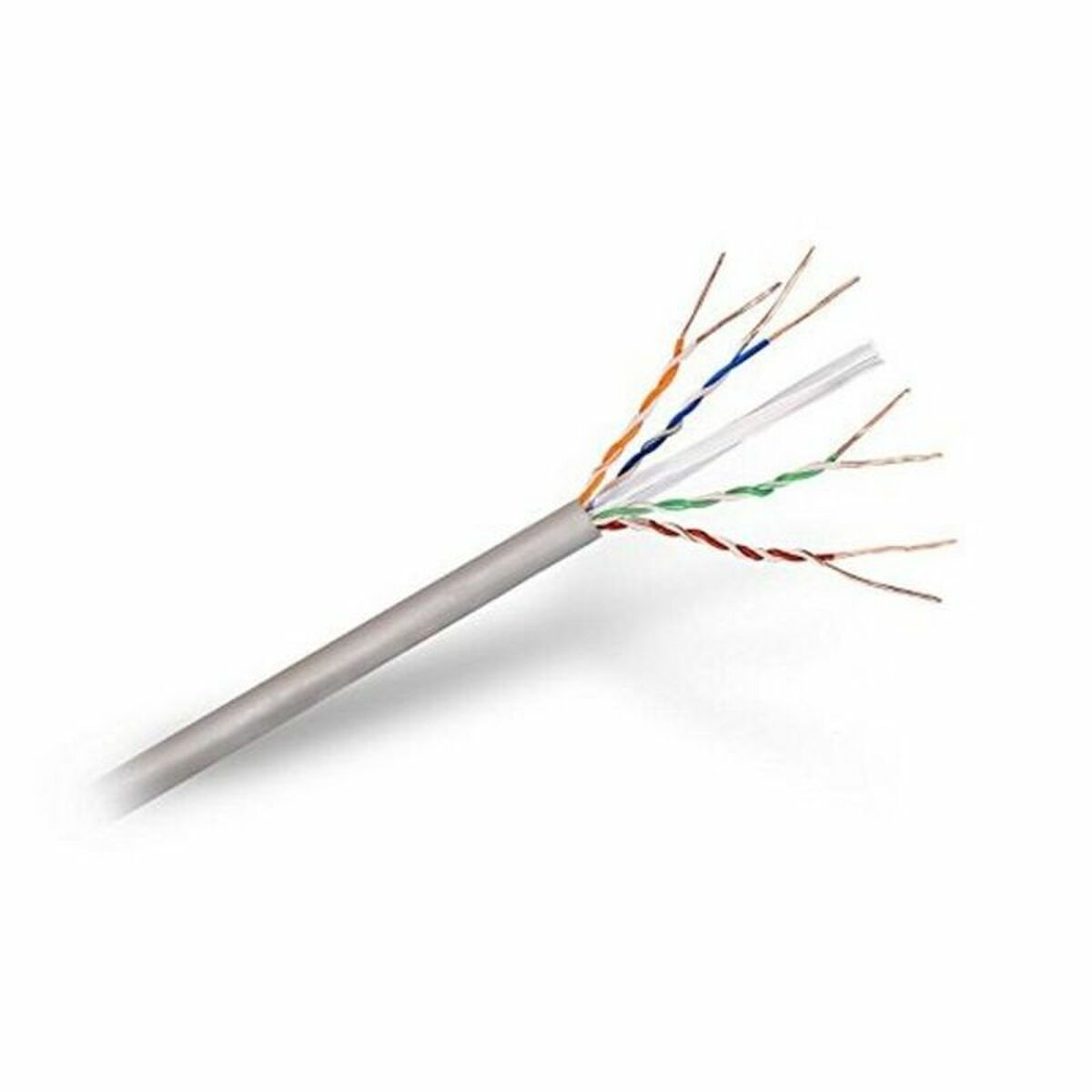 Un cavo Ethernet grigio con fili colorati esposti, angolato su sfondo bianco.