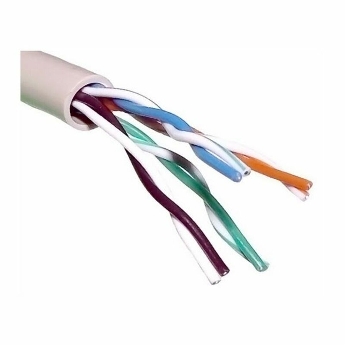 Primo piano di un cavo di rete tagliato con fili colorati esposti.
