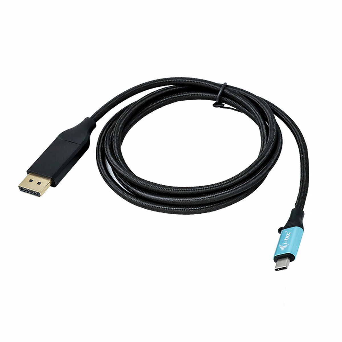 Cavo da DisplayPort a USB-C nero. Il connettore DisplayPort è nero, l'USB-C è blu.