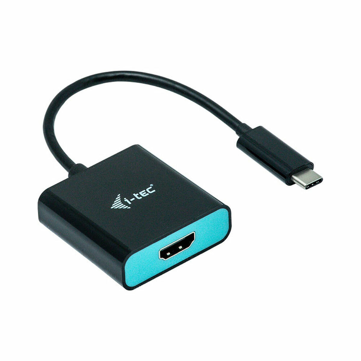 Adattatore HDMI nero e blu. Presenta un corpo nero con finiture blu e connettore USB-C.