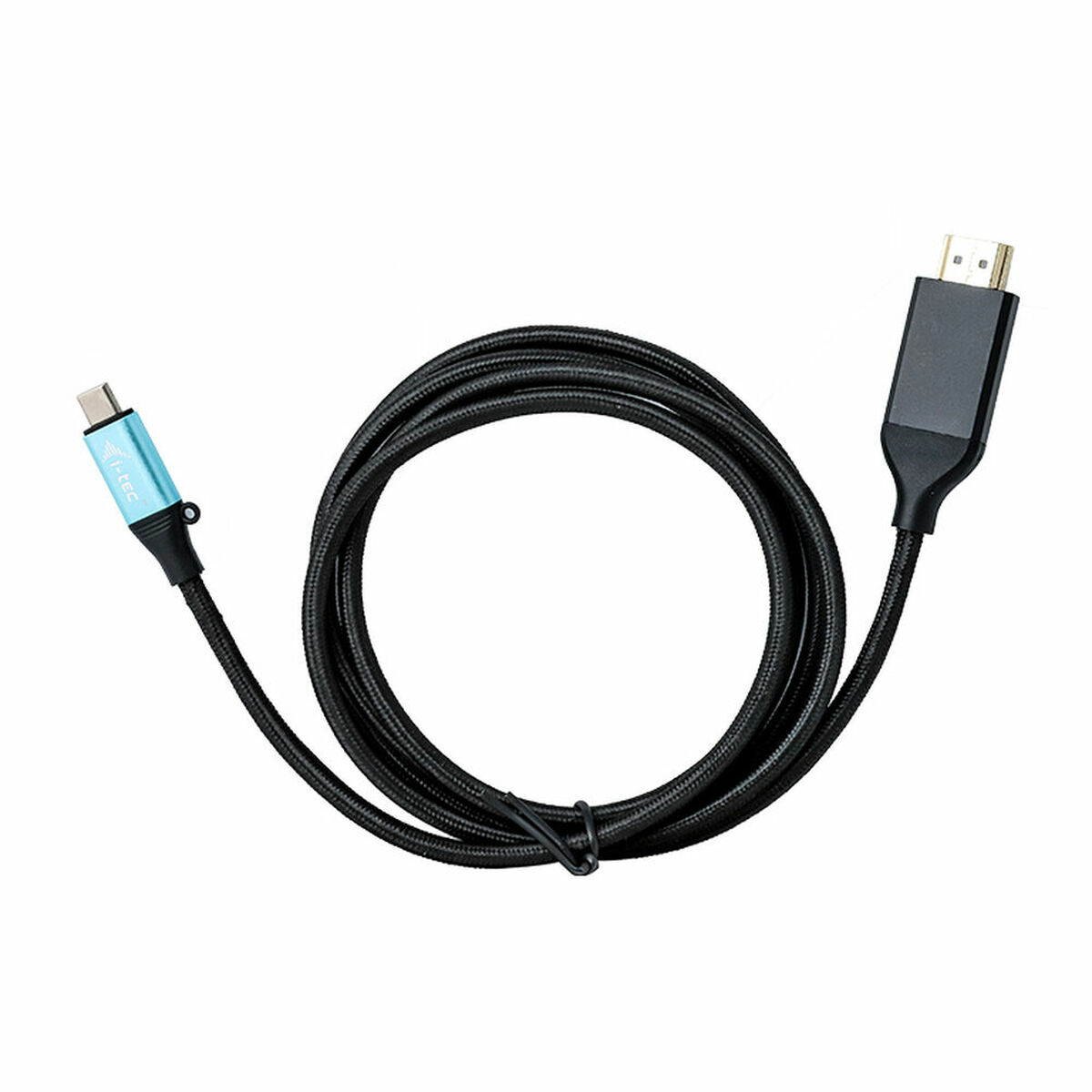 Un cavo nero da USB-C a HDMI. Un'estremità è USB-C, l'altra è HDMI. Il cavo è intrecciato.