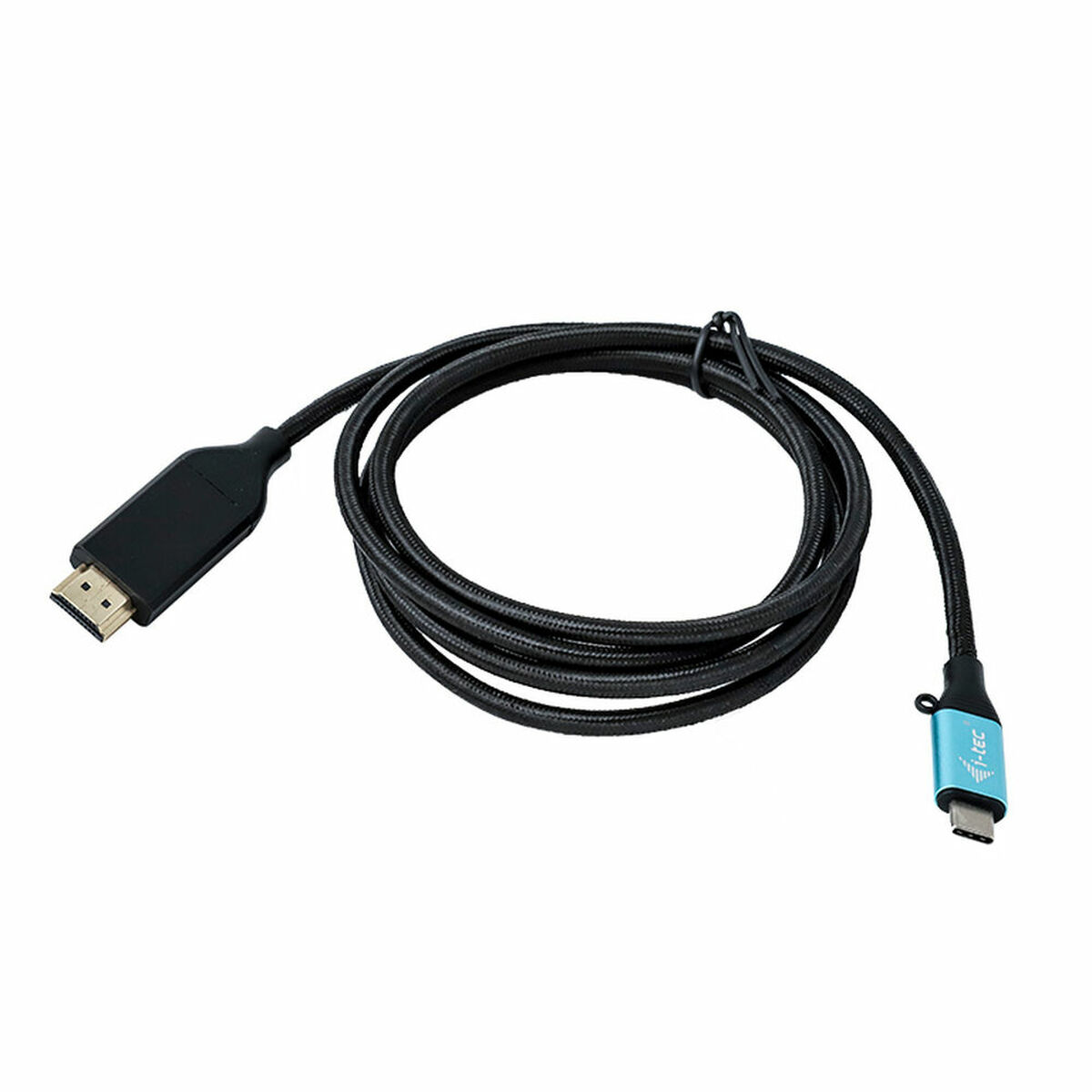 Un cavo da HDMI a USB-C nero e blu, arrotolato. Con connettore blu.