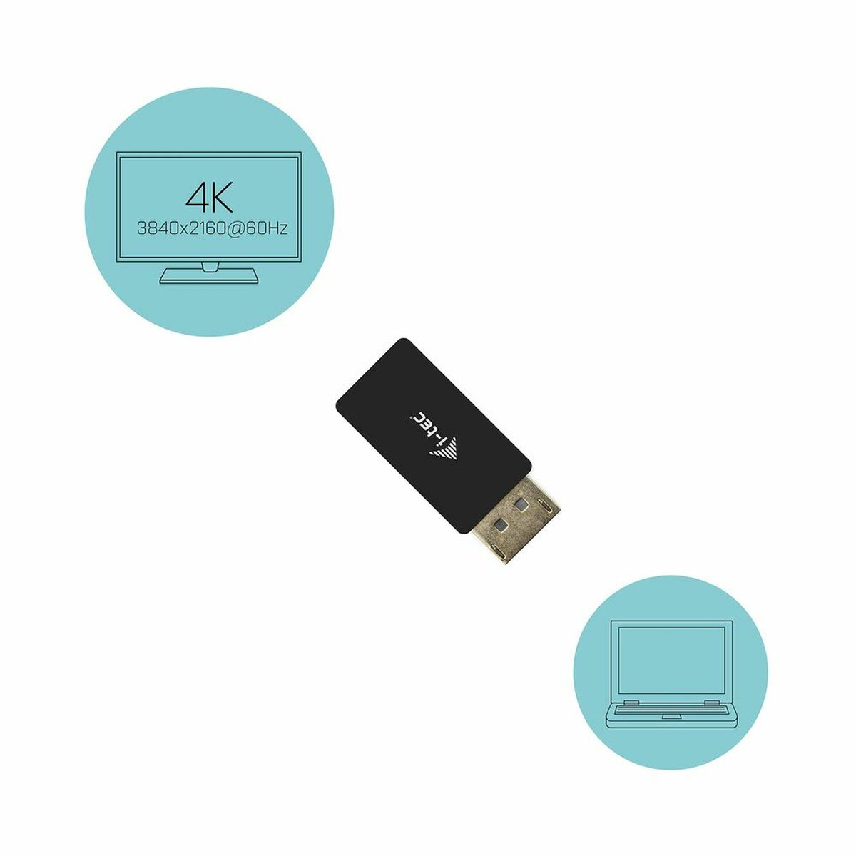 Un adattatore USB-C nero con il logo i-tec. Sono presenti anche una grafica del monitor 4K e una del laptop.