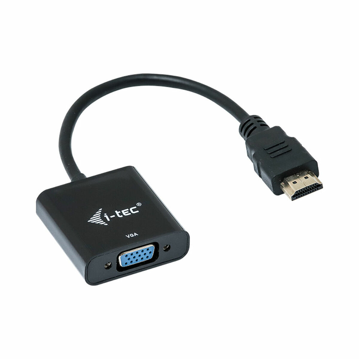Adaptador HDMI a VGA negro con cables.