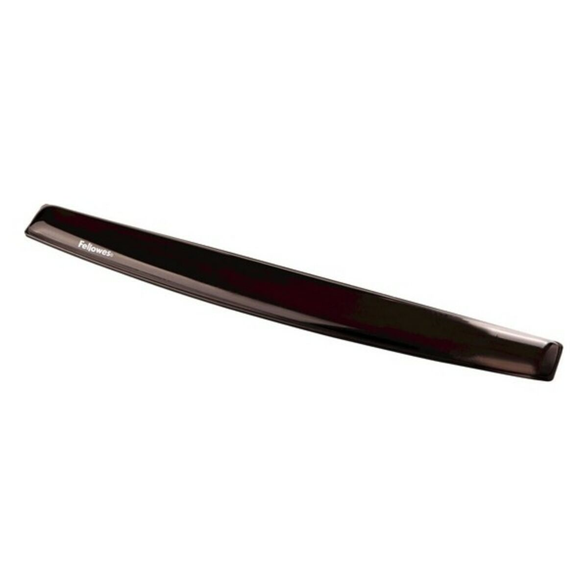 Czarna podpórka pod nadgarstek Fellowes na białym tle. Widoczne logo Fellowes.