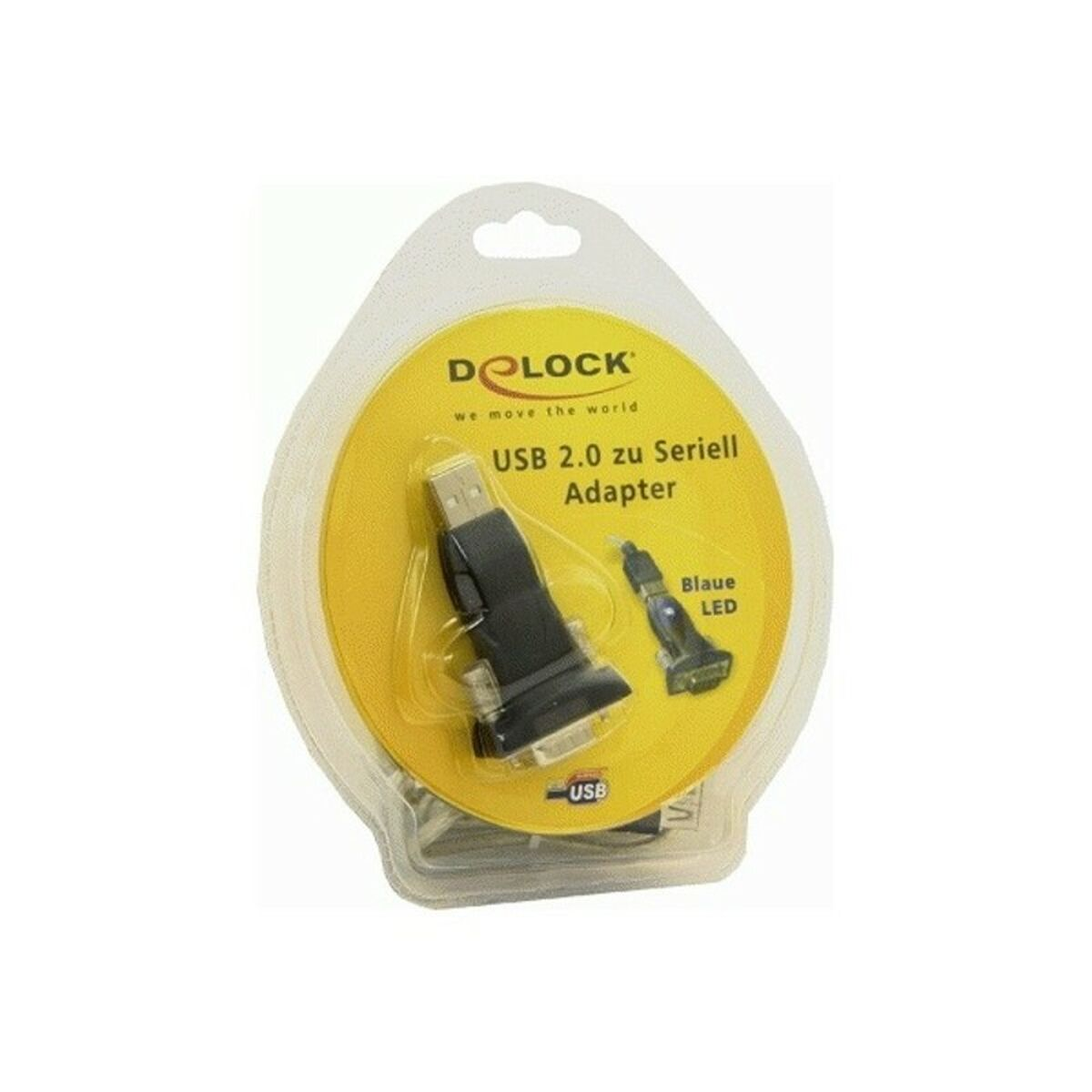 Adattatore da USB 2.0 a seriale in confezione. Adattatore nero, sfondo giallo e bianco.