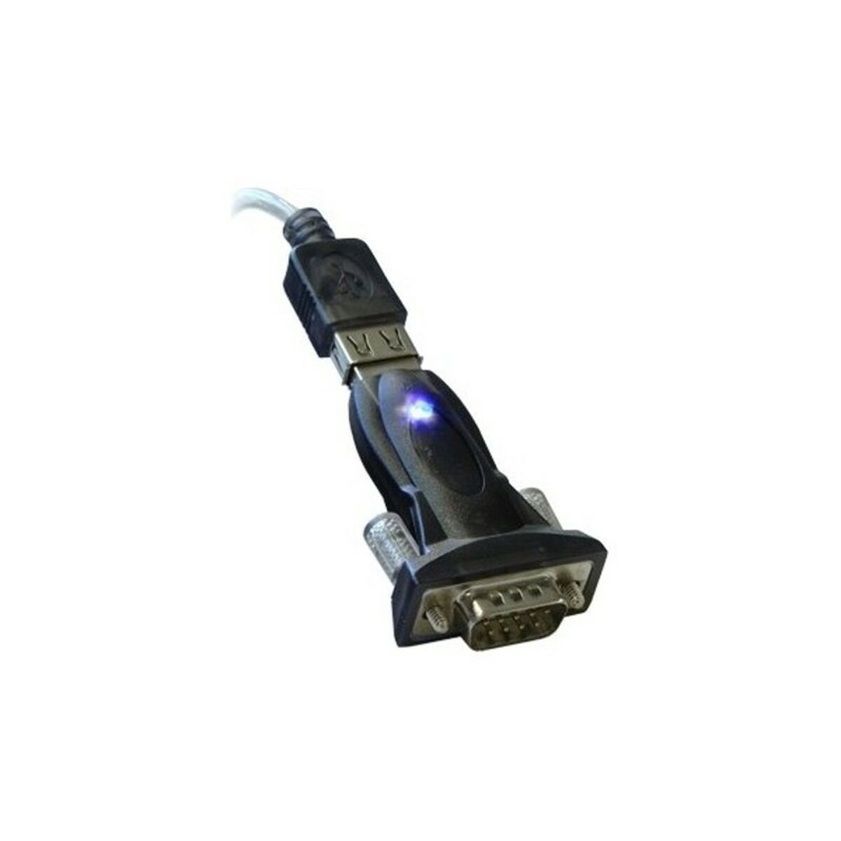 Cavo da USB a seriale con connettori. Sfondo bianco.