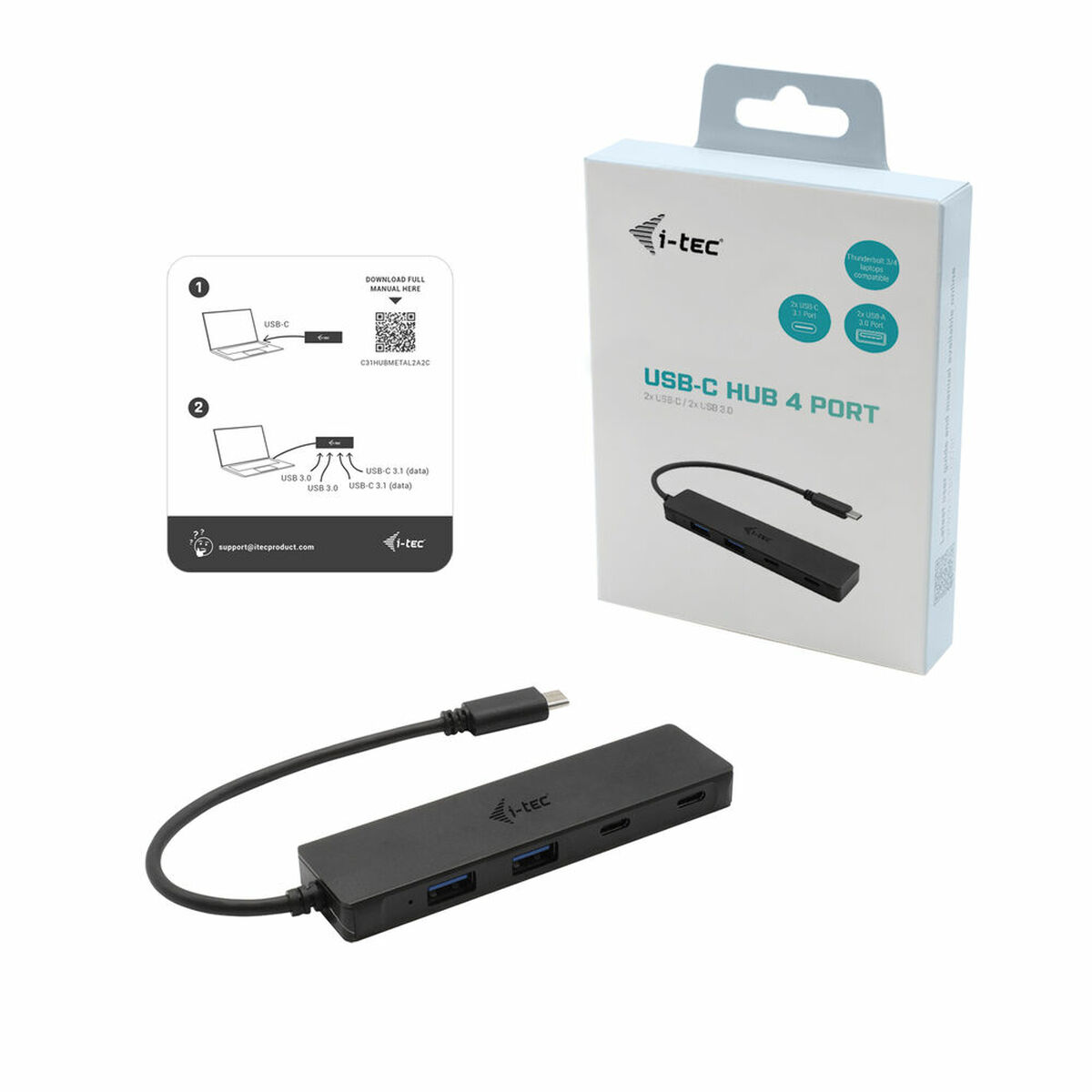 Schwarzer USB-C-Hub mit 4 Anschlüssen, einem USB-C-Kabel und einer weißen Box.