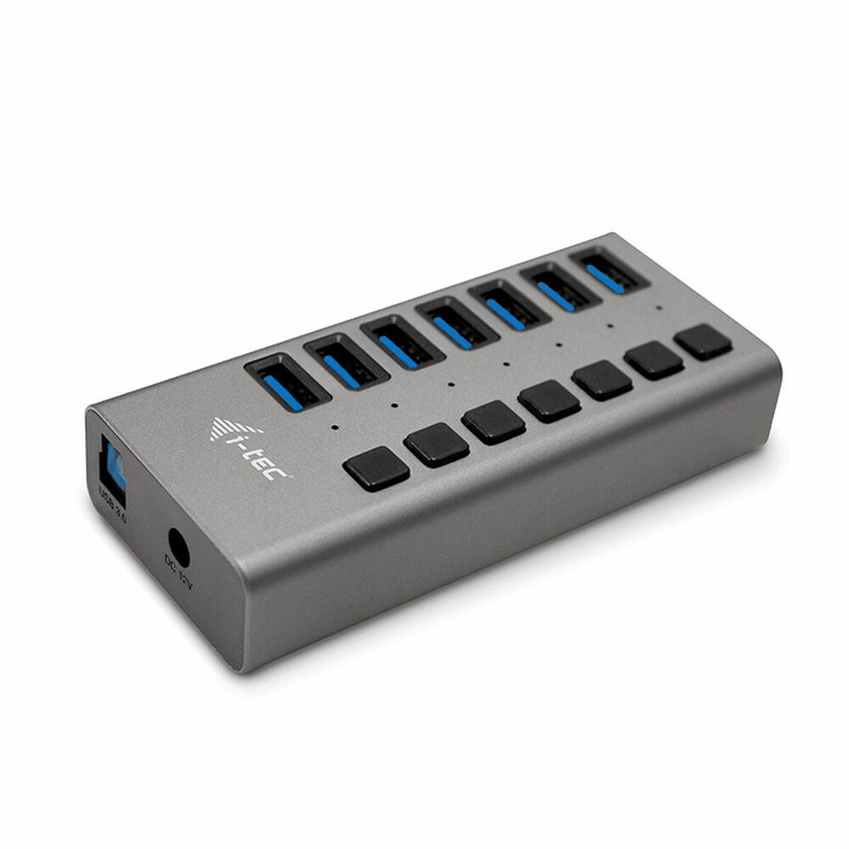 Concentrador USB. Color gris con puertos USB y botones. La marca es i-tec.