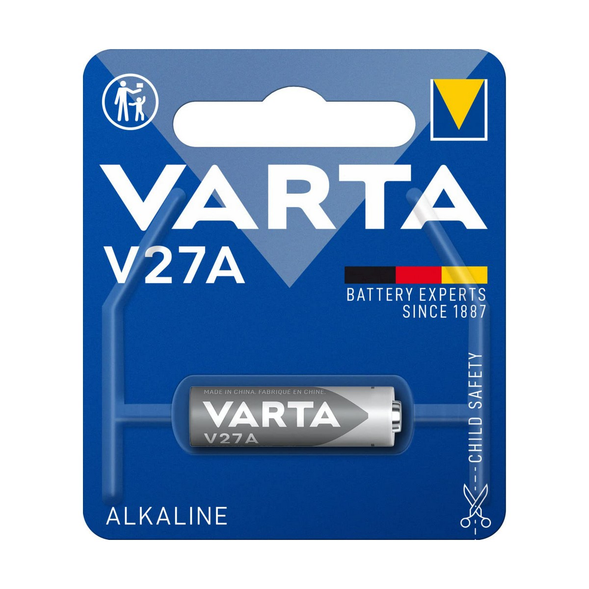 Paquete de pilas alcalinas Varta V27A, embalaje azul y blanco, texto negro, aislado sobre blanco.