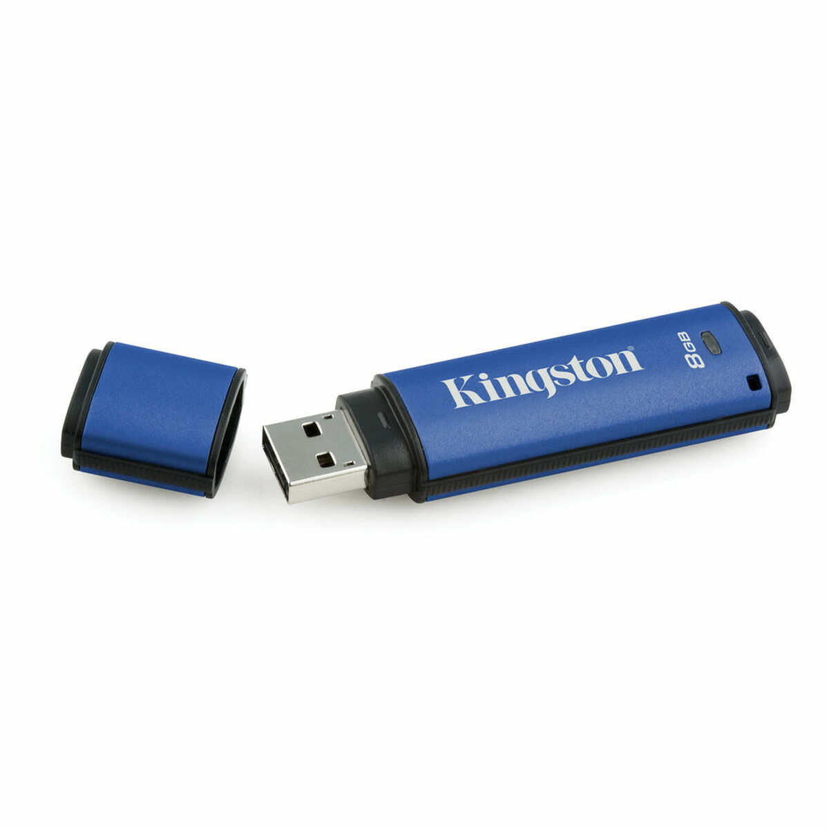 Un'unità flash USB Kingston blu con un tappo nero. L'unità è su una superficie bianca.