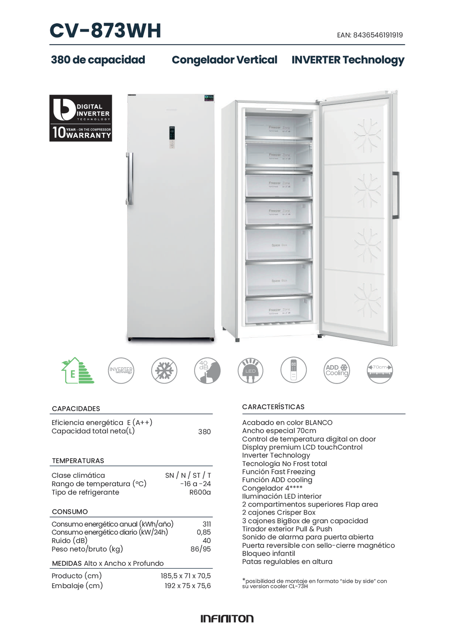 Refrigerador vertical blanco con puerta abierta mostrando estantes y alimentos. Texto en español.