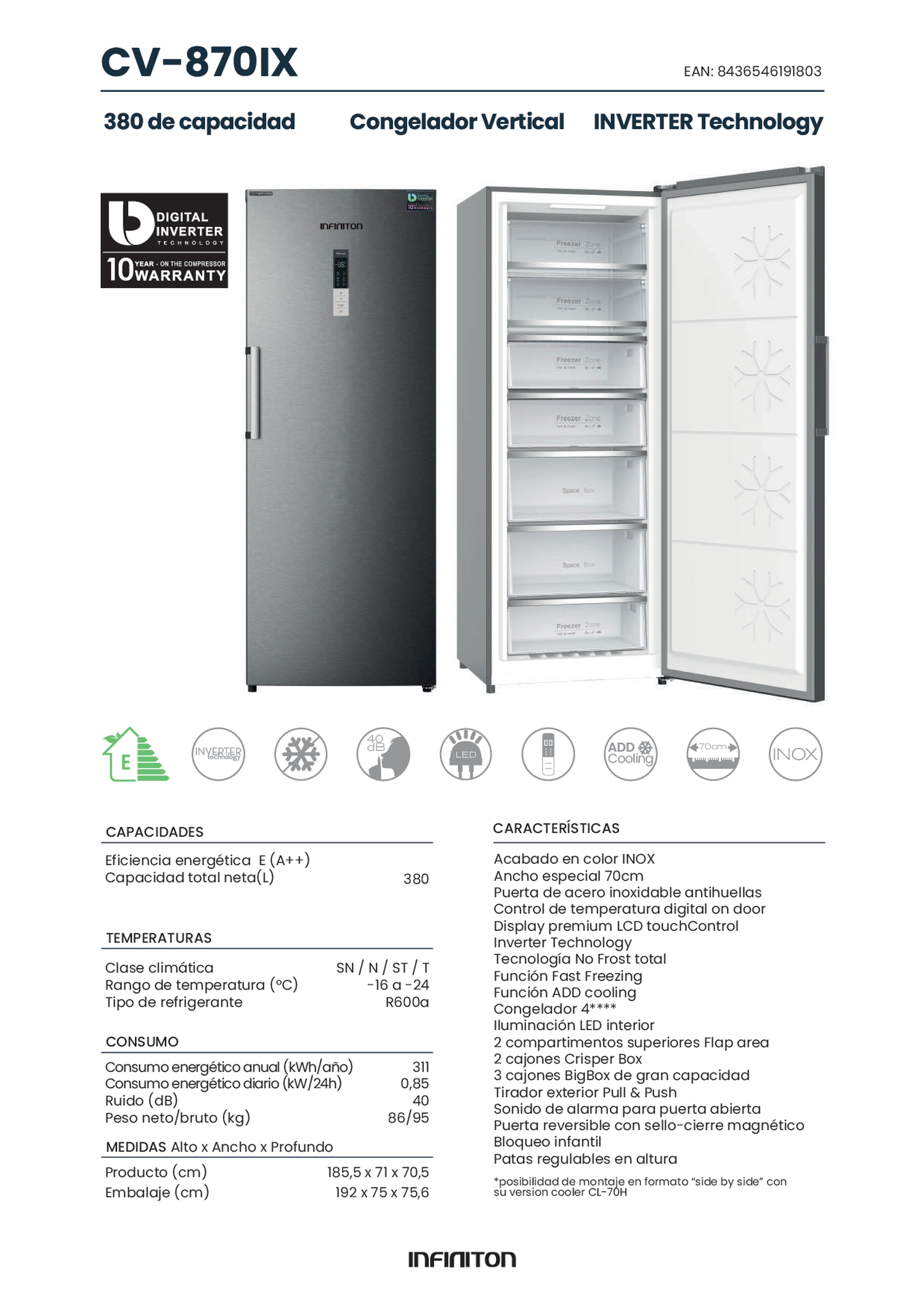 Refrigerador plateado de acero inoxidable con puerta abierta, con estantes y pantallas. Fondo blanco.