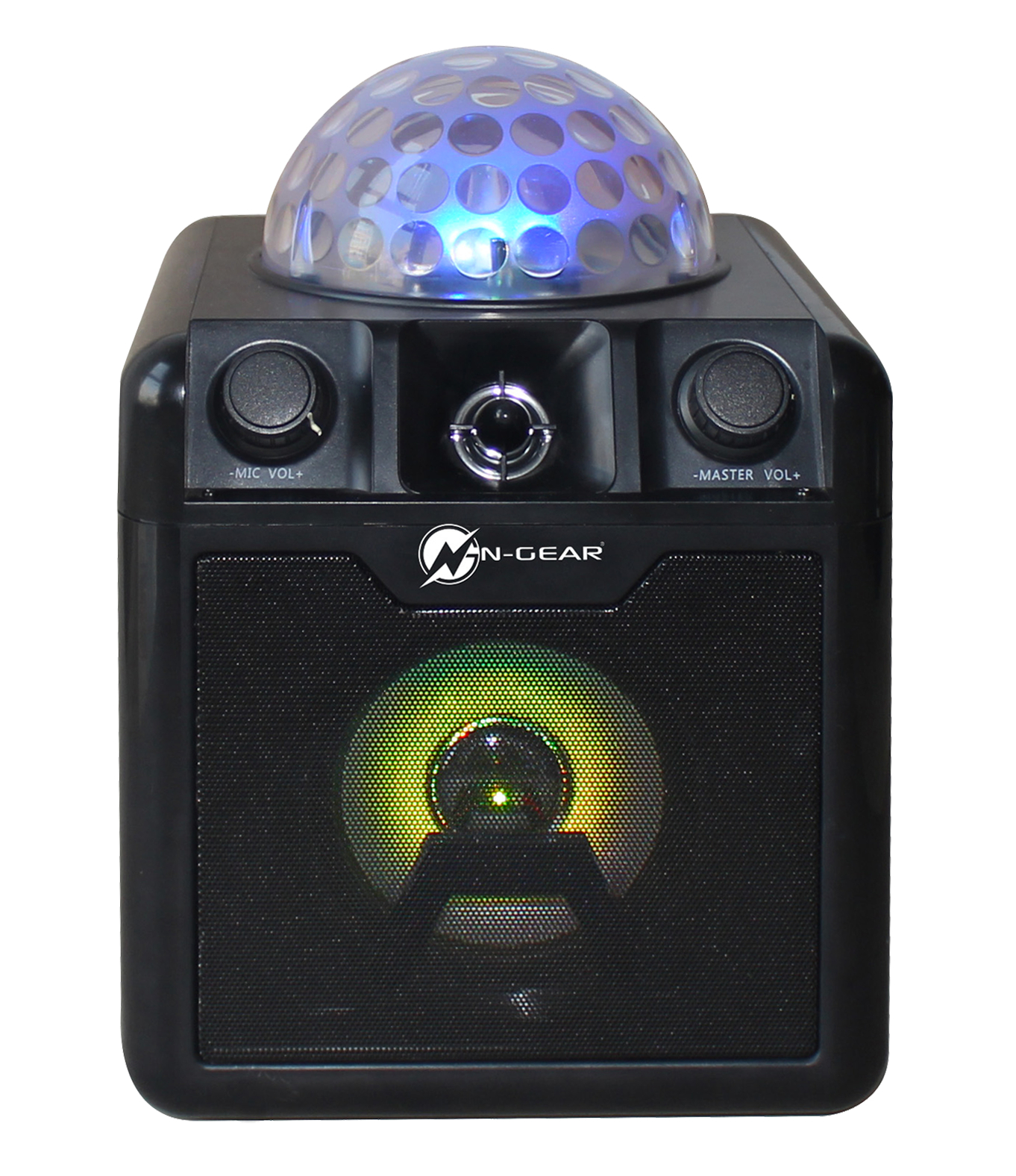Un altoparlante nero con una palla da discoteca in cima e manopole di controllo, con un logo luminoso.
