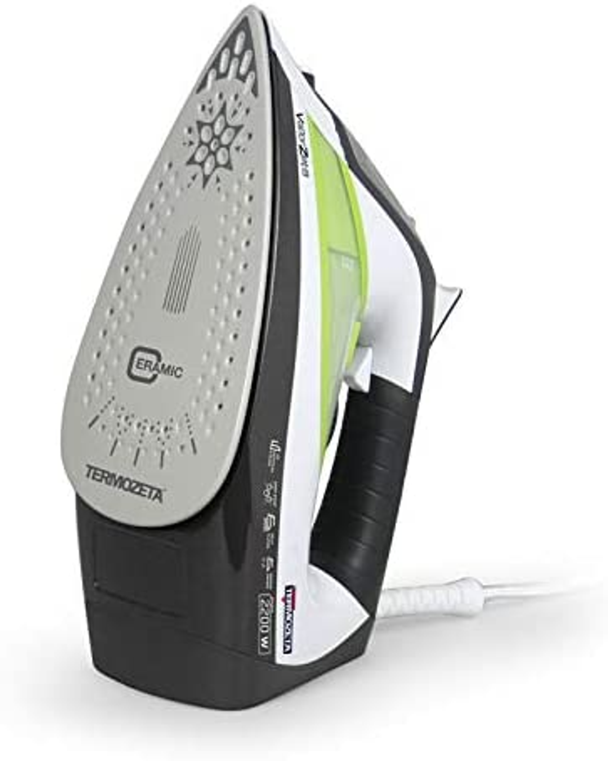 Un ferro da stiro con un design grigio, bianco e verde. Base nera, cavo bianco. Vista angolata.
