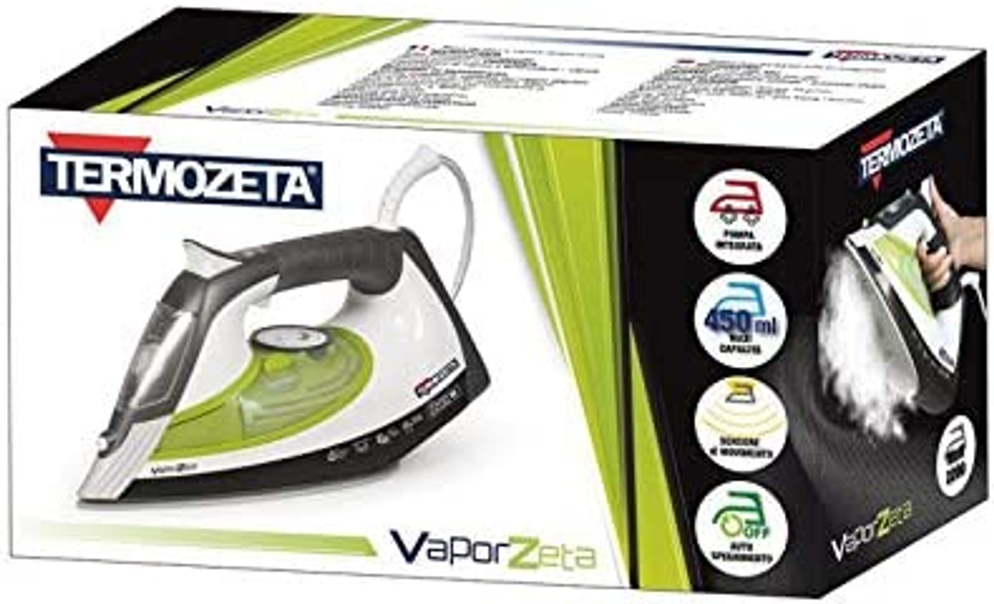 Ferro da stiro in scatola, bianco, dettagli verdi. Marca Termozeta. Modello VaporZeta.