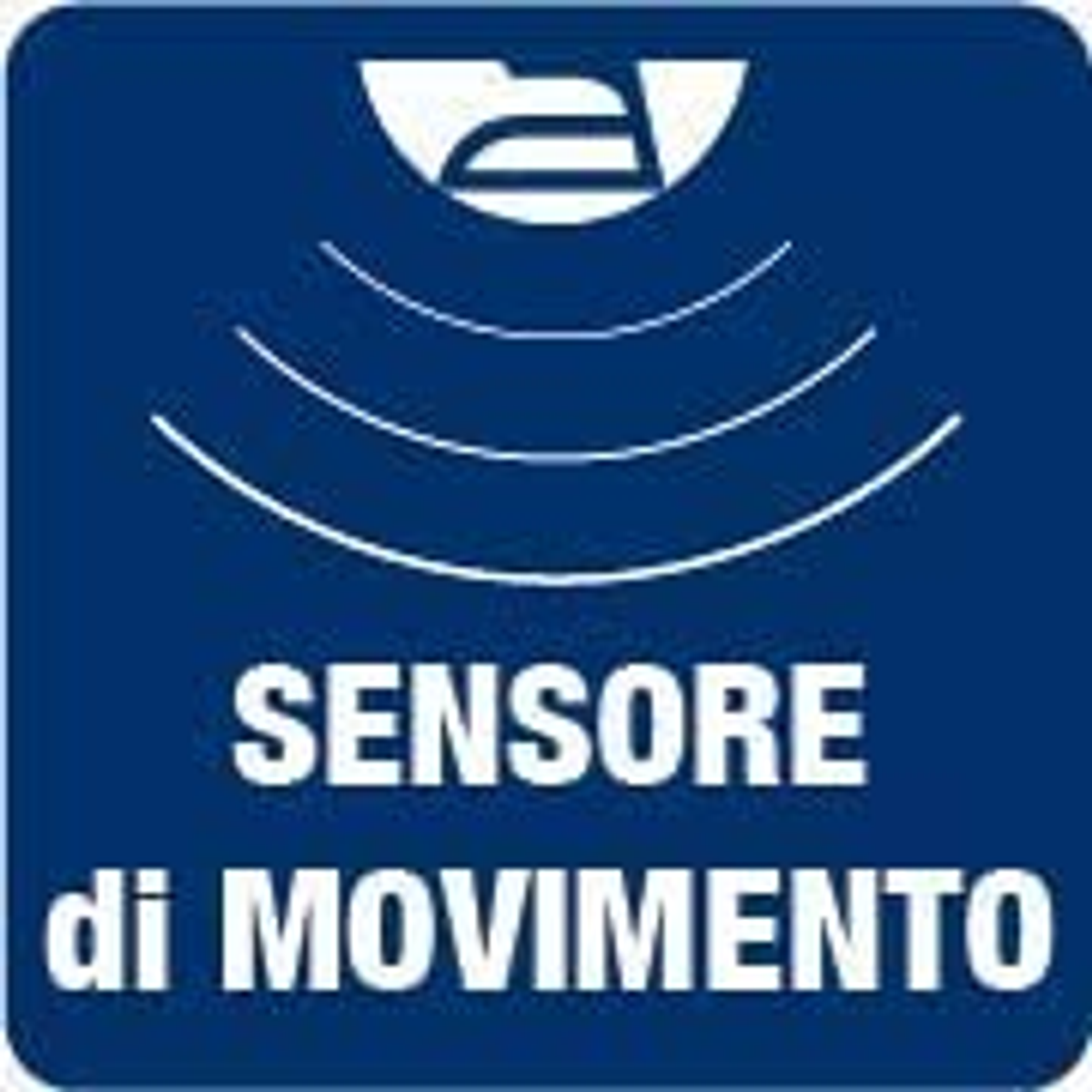 Un quadrato blu con un'icona bianca e il testo italiano "SENSORE di MOVIMENTO".