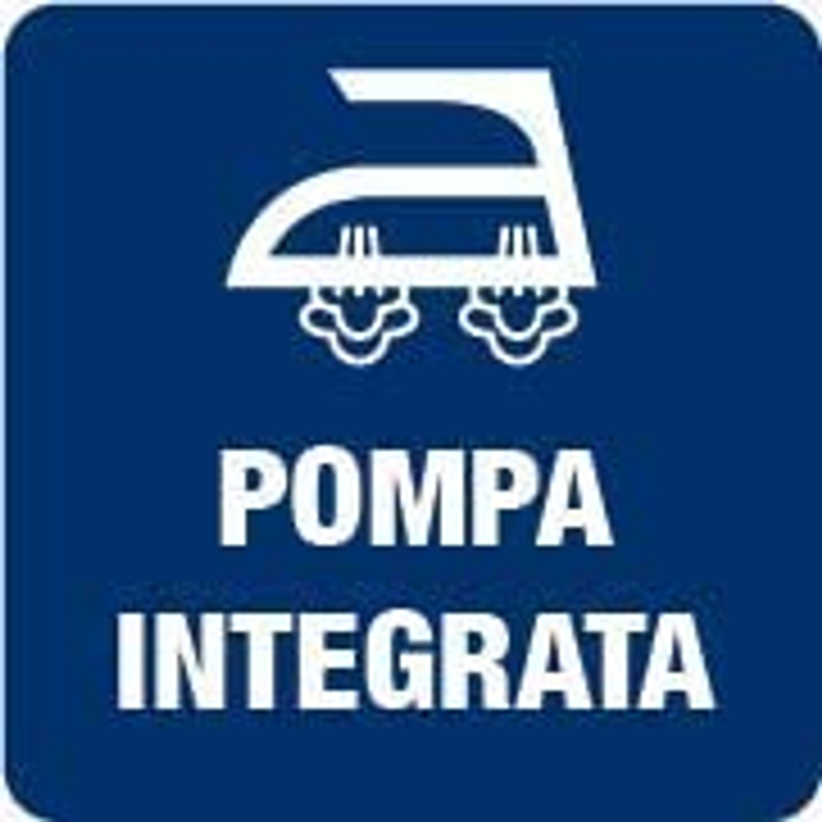 Quadrato blu con icona ferro da stiro bianca e testo: POMPA INTEGRATA.