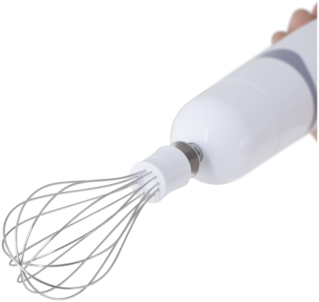 Biały mikser ręczny z metalową końcówką do ubijania.