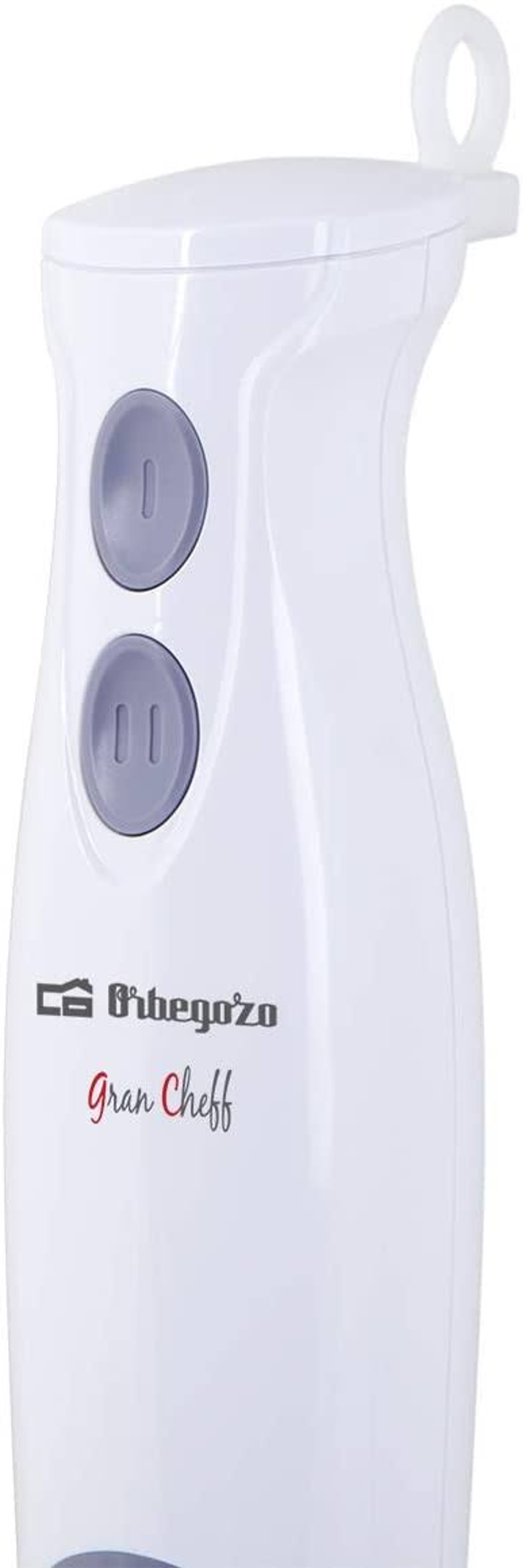 Biały blender ręczny z szarymi przyciskami i nazwą marki Orbegozo.