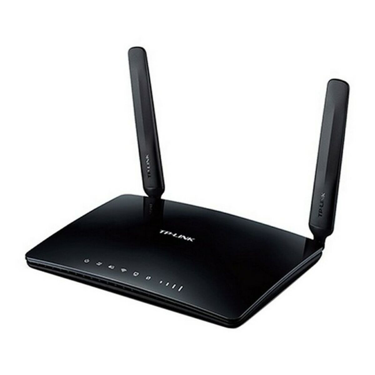 Zwarte TP-Link router met twee antennes. Het staat op een witte achtergrond.