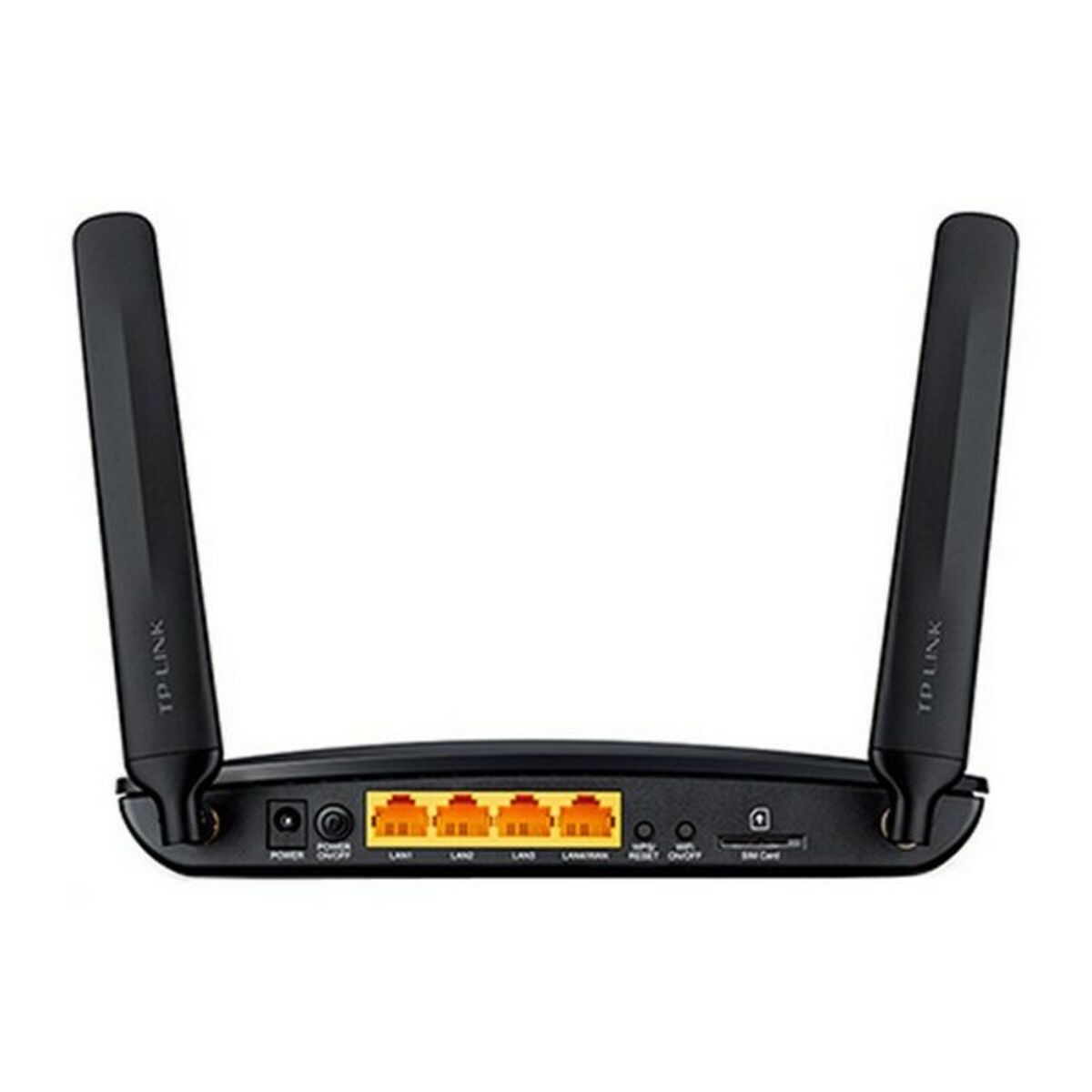 Zwarte TP-Link router met twee antennes, meerdere poorten en diverse indicatielampjes.