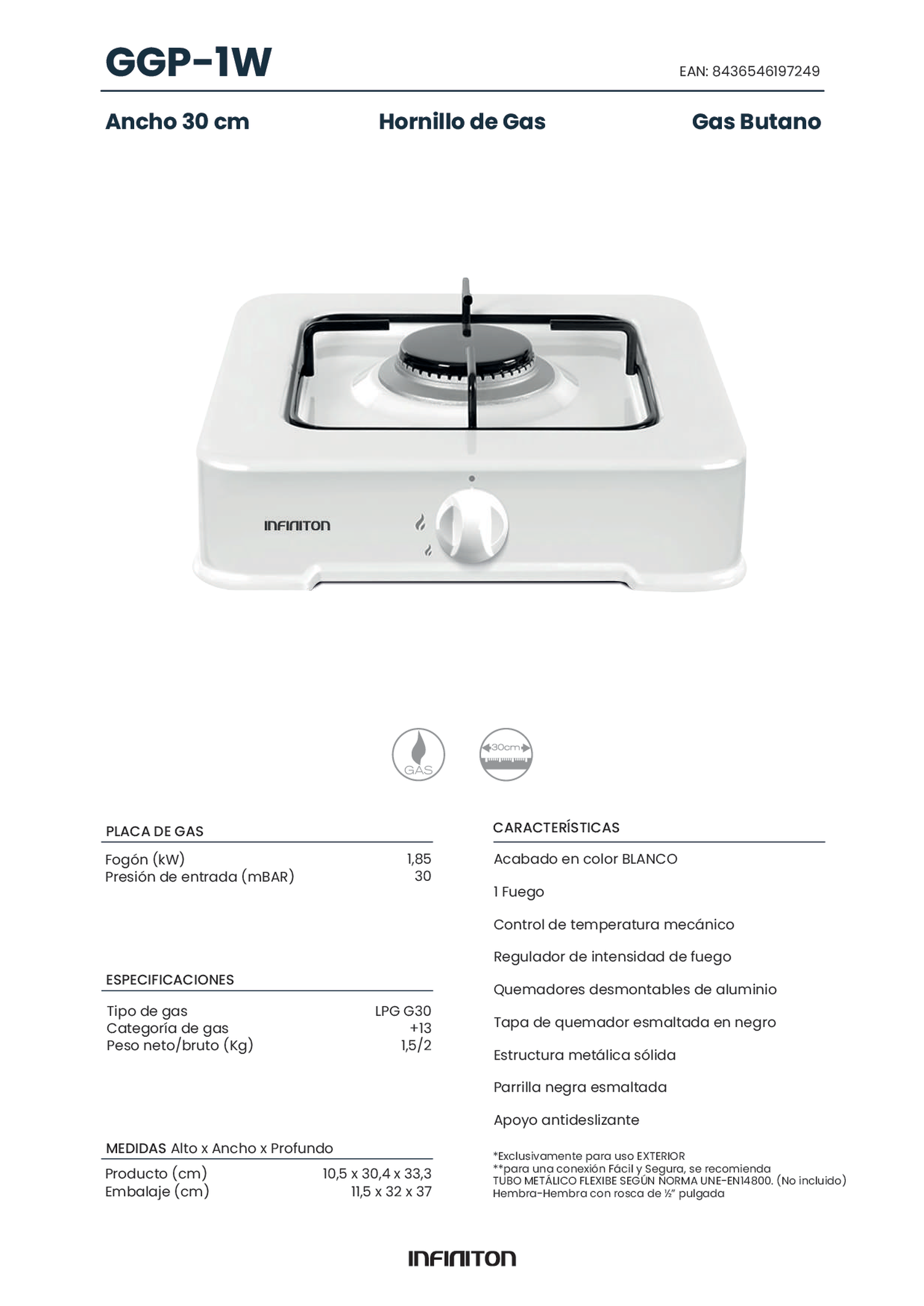 Cocina de gas blanca y negra con texto en español. Símbolo de tanque de gas visible.