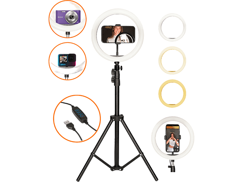 Soporte con Aro de Luz LED - Kit Studio Live Aro de Luz Led con Trípode para  Smartphone KSIX, Negro