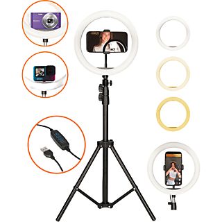 Soporte con Aro de Luz LED  - Kit Studio Live Max Aro de Luz con Trípode Suelo 1,60 M para Smartphone KSIX, Negro