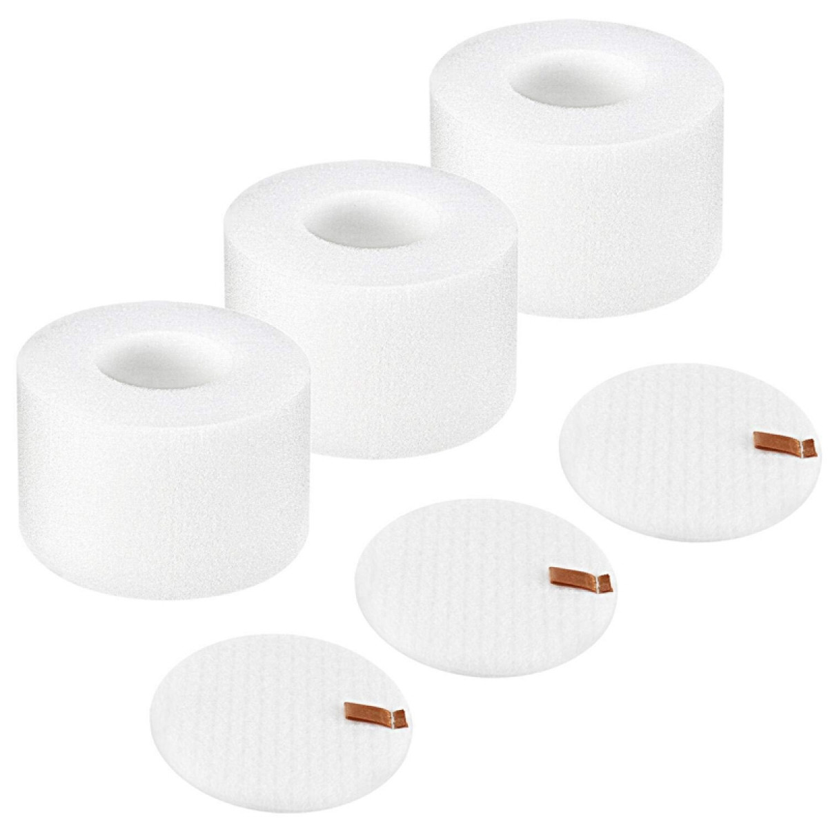 Weiße Schaumstoffzylinder und runde Pads. Die Pads haben Metallteile.