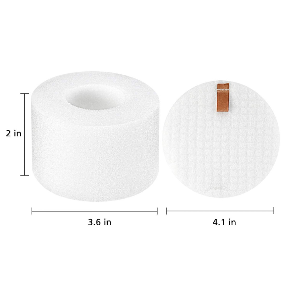 Zwei weiße Filter. Einer ist zylindrisch und 2 Zoll hoch, 3,6 Zoll breit. Der andere ist ein runder Filter, 4,1 Zoll.