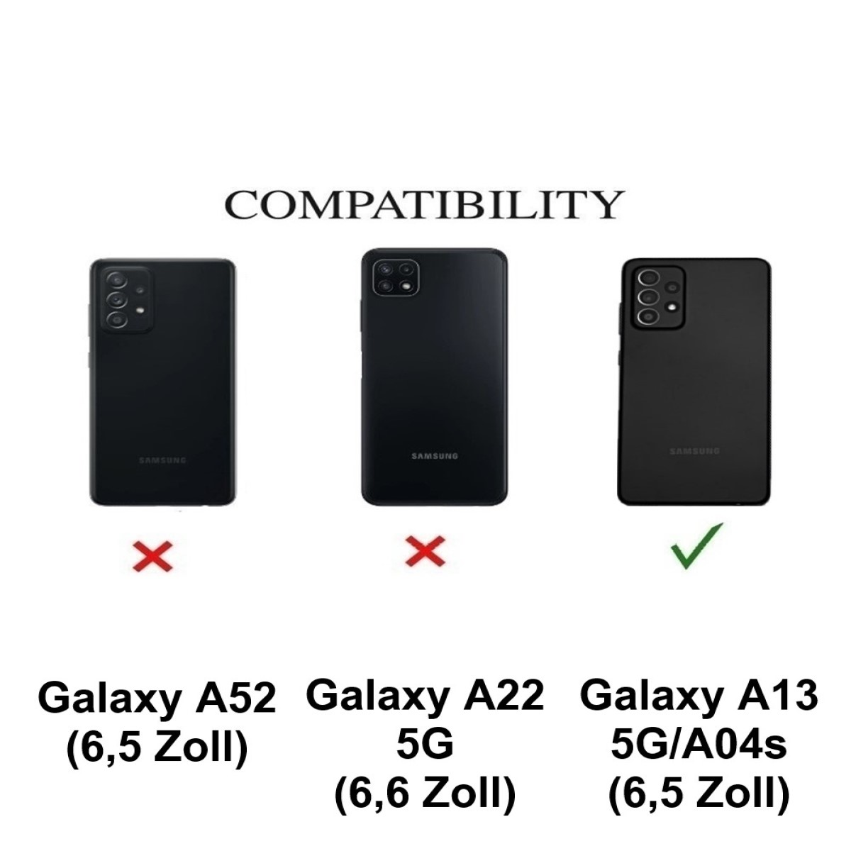 Kompatibilitätstabelle für Handyhüllen. Nur Galaxy A13 5G/A04s ist kompatibel.
