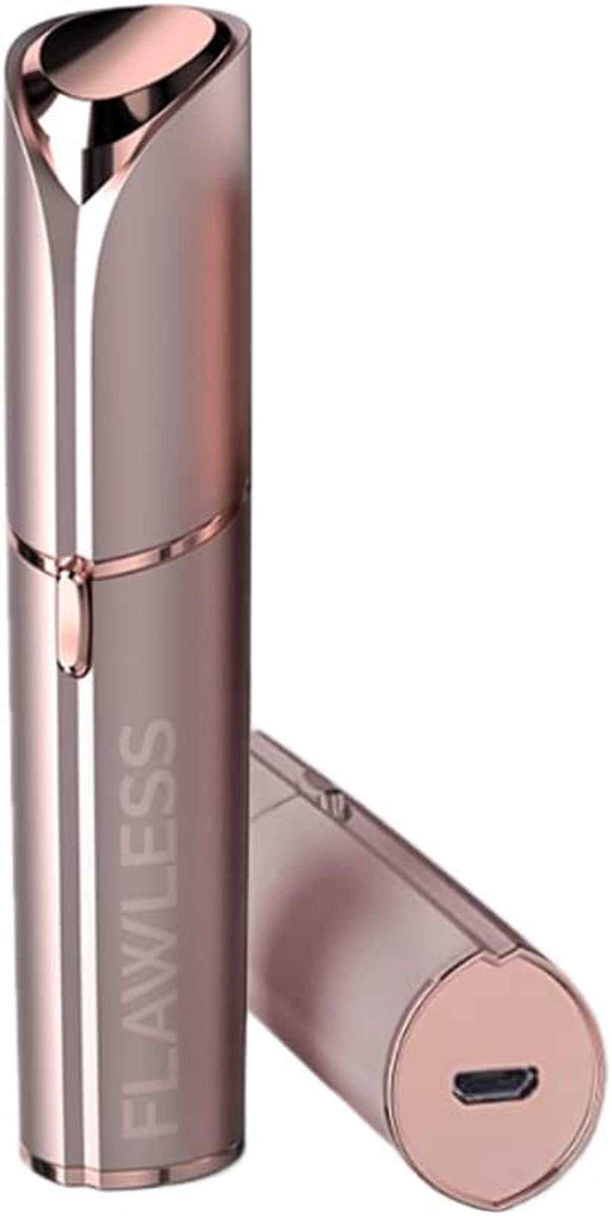 Un dispositivo per la rimozione dei peli cilindrico, oro rosa. Il dispositivo è etichettato “FLAWLESS”.
